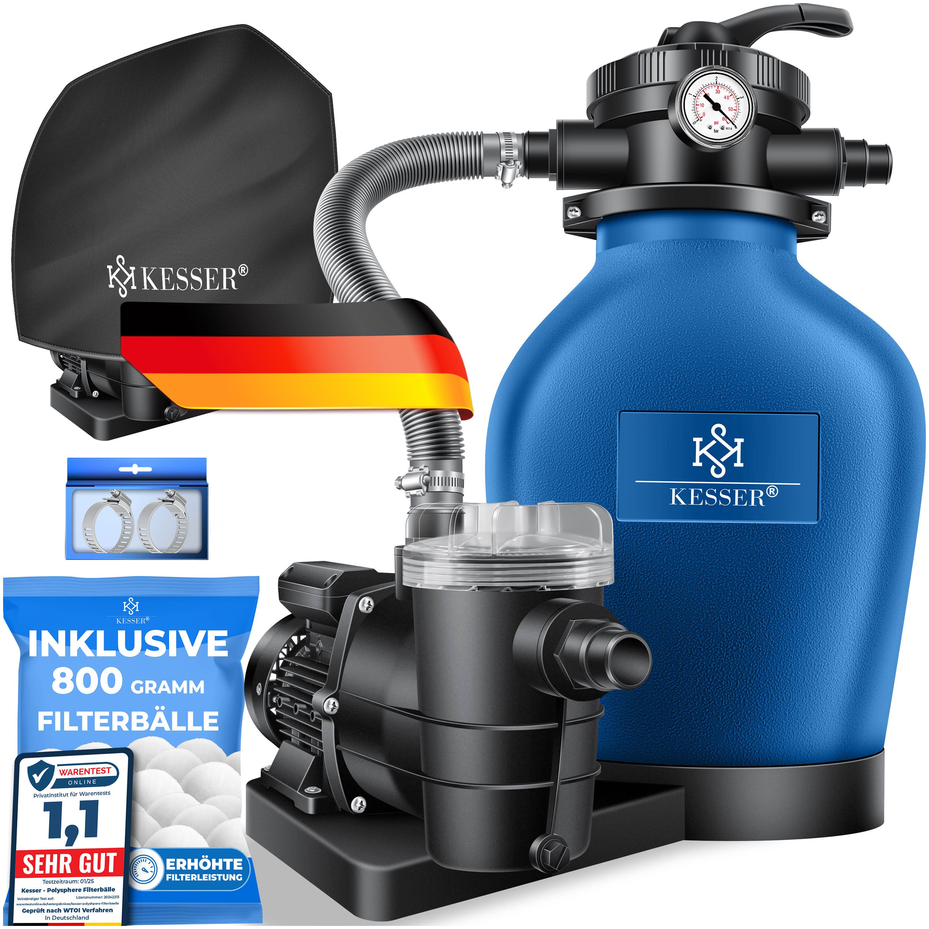 KESSER Sandfilteranlage Sandfilter mit Pumpe & 800g Filterbälle 10 m³/h Filteranlage für Pools, Poolfilter Set inkl. Wettercover, 7-Wege Ventil mit Druckanzeige