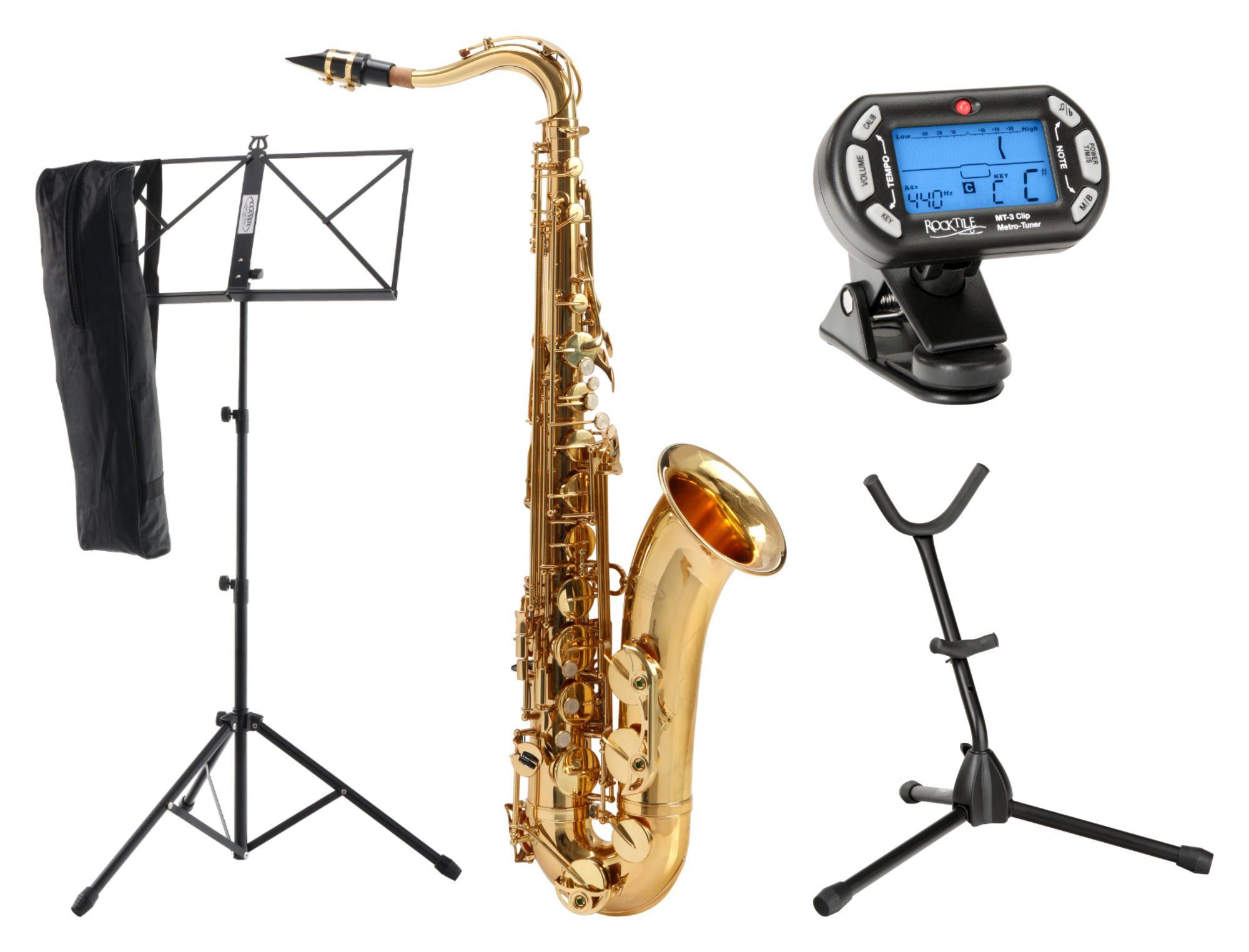 Classic Cantabile Saxophon TS-450 Tenorsaxophon, Spar-Set, 9-St., inkl. Metro-Tuner, Saxophonständer und Пюпитр, Bb-Stimmung, Hoch-Fis-Klappen, ergonomische Klappenmechanik