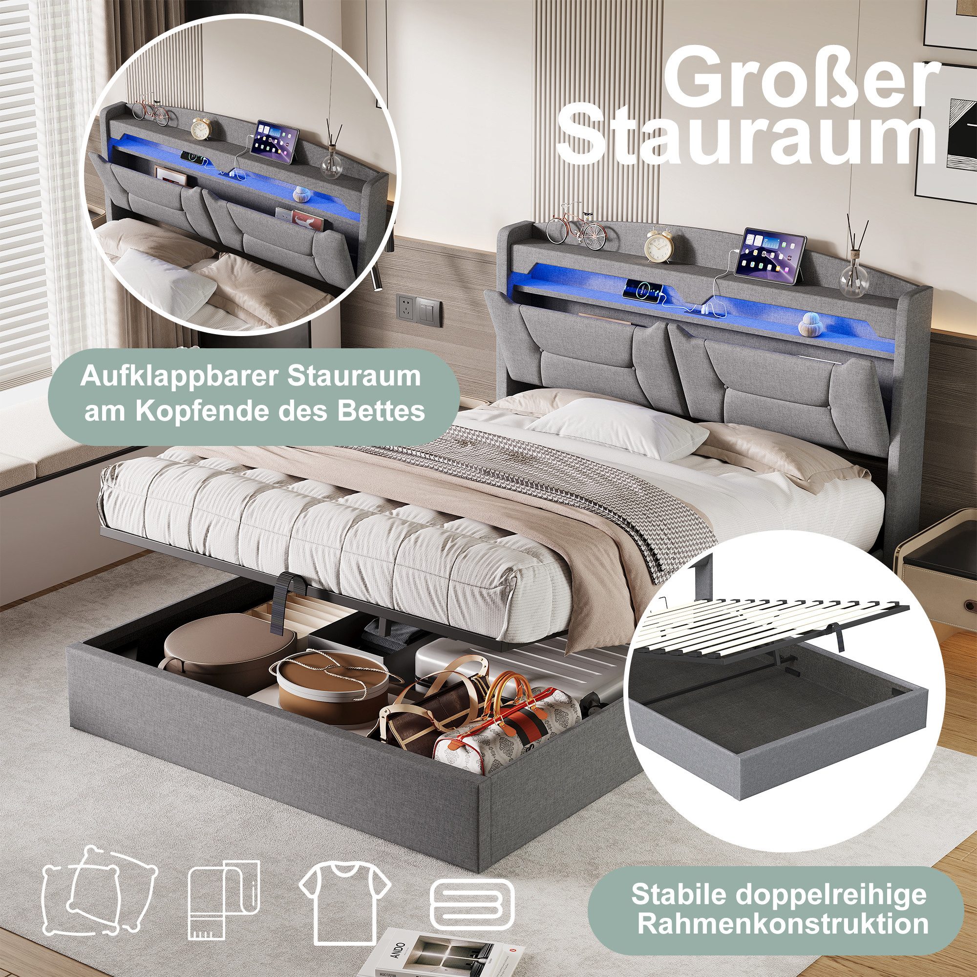 Gdood Polsterbett Doppelbett mit LED Licht 140x200cm,Hydraulisch anhebbarer Stauraumbett (1-tlg., Mit Lattenrost und Ladefunktion, Leinenmaterial Polsterbett),  – Bild 5 von 5