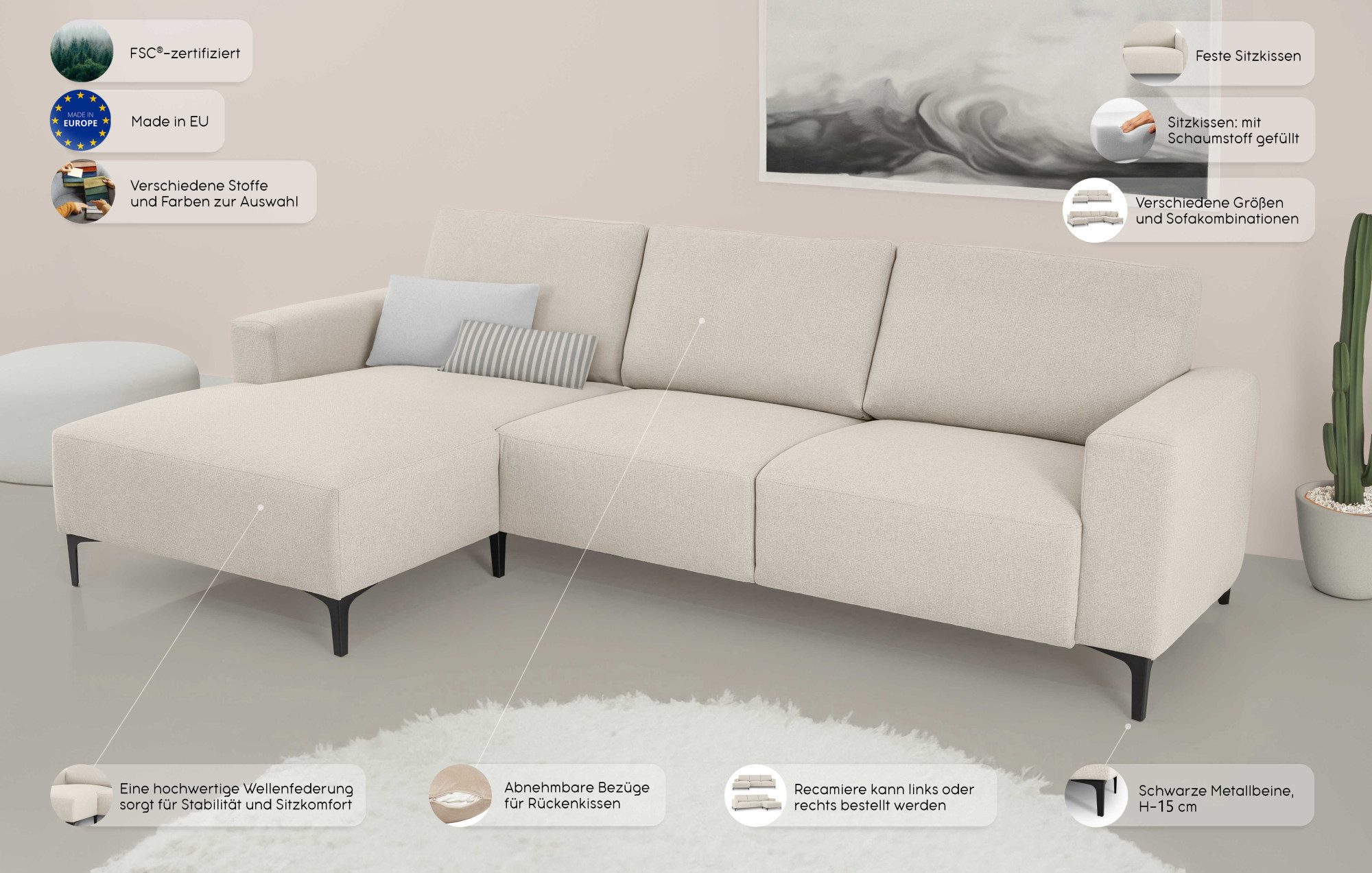 Home affaire Ecksofa Tournon, L-Form, Breite 262 cm, Webstoff, Chenille, Designsofa im nordischen Stil, Wellenunterfederung, Metallfüße