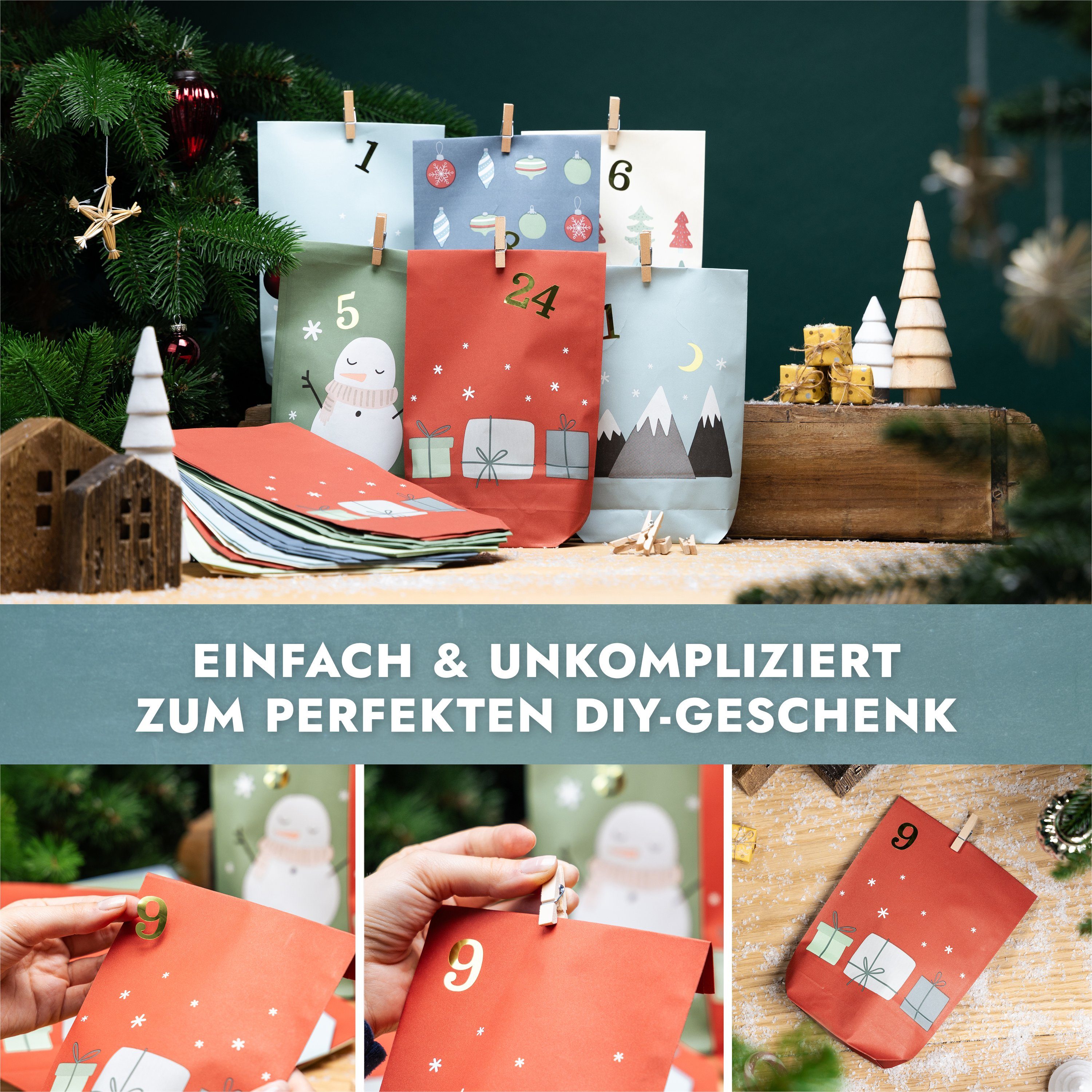 Amari befüllbarer Adventskalender Adventskalender zum Befüllen 2026, 24 Papiertüten 14×22 cm mit Zahlen (DIY Set, 72-tlg), Designs für Kinder & Erwachsene, wied – Bild 5 von 5