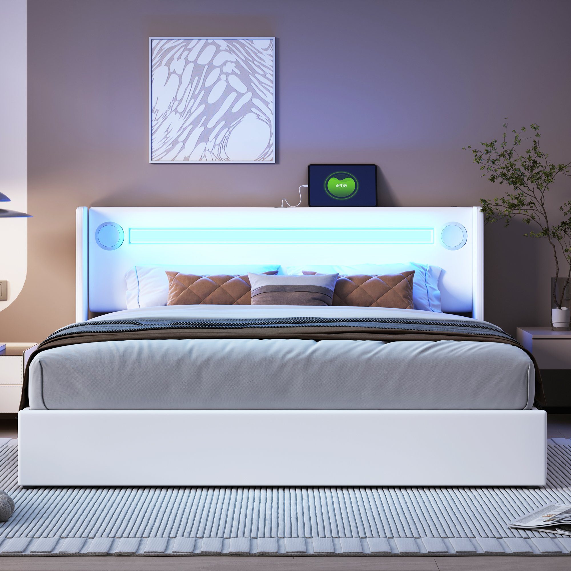Polsterbett (Stauraumbett, Doppelbett), mit LED Beleuchtung/Bluetooth/USB-Aufladen, Kunstleder, 160x200cm