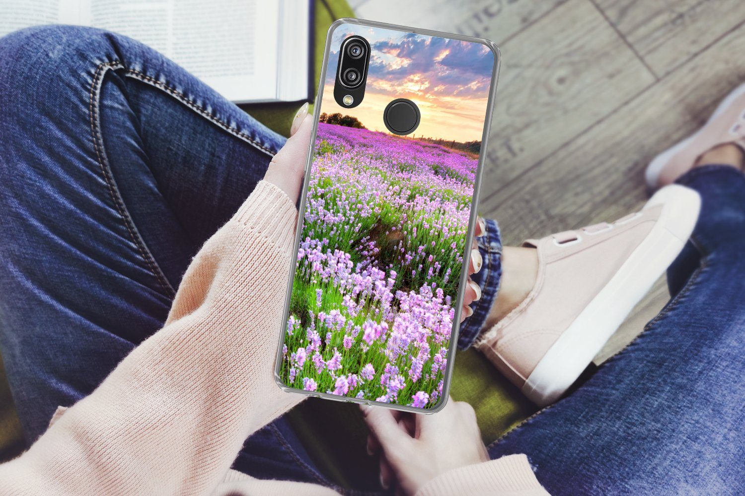MuchoWow Handyhülle für Huawei P20 Lite (2020) Blumen - Lavendel - Lila - Himmel - Sonnenu, Handy Case, Silikon, Bumper Case Dünn