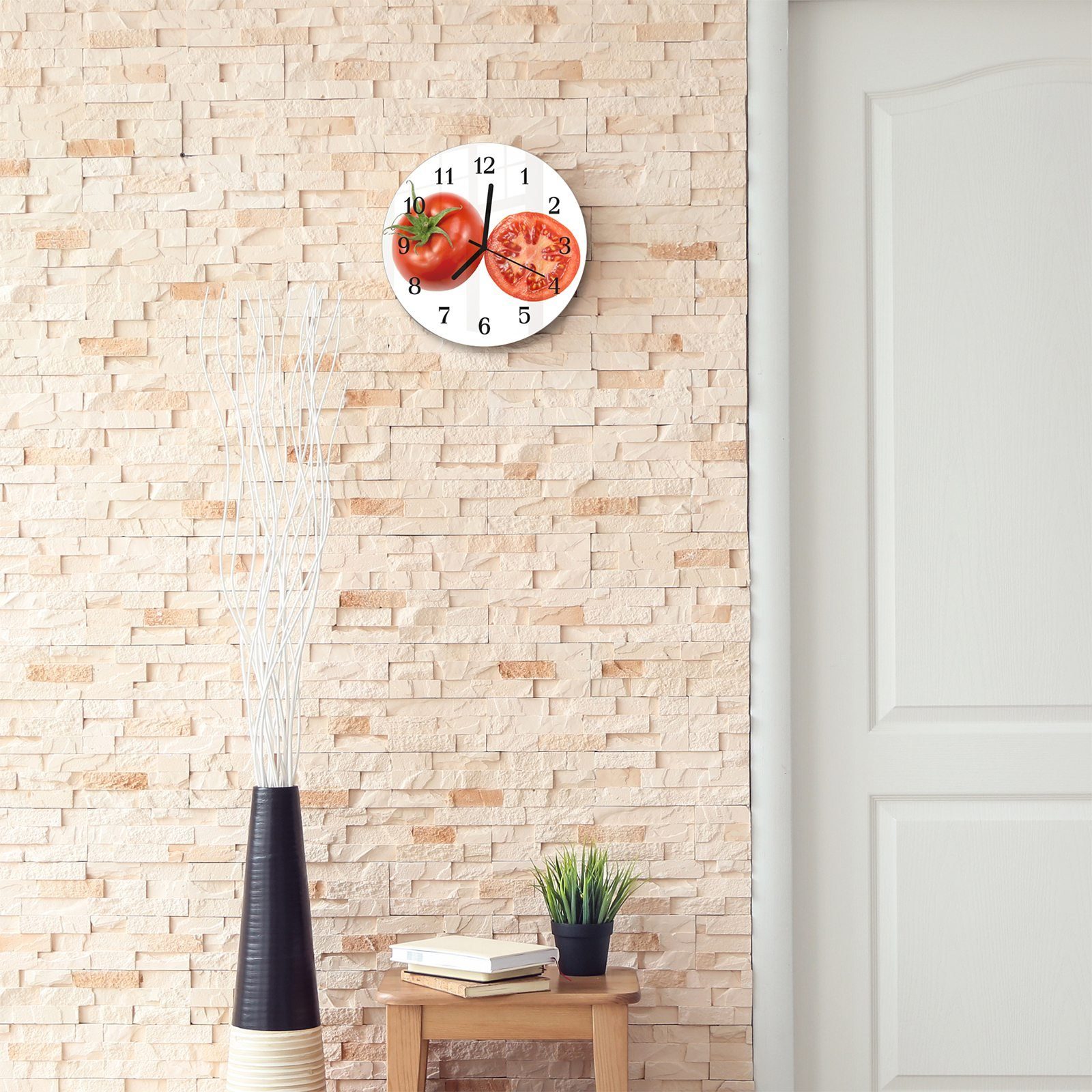 Primedeco Wanduhr Wanduhr und cm Glas mit - und mit aus Quarzuhrwerk ganz Durchmesser Rund Tomaten 30 Motiv halb