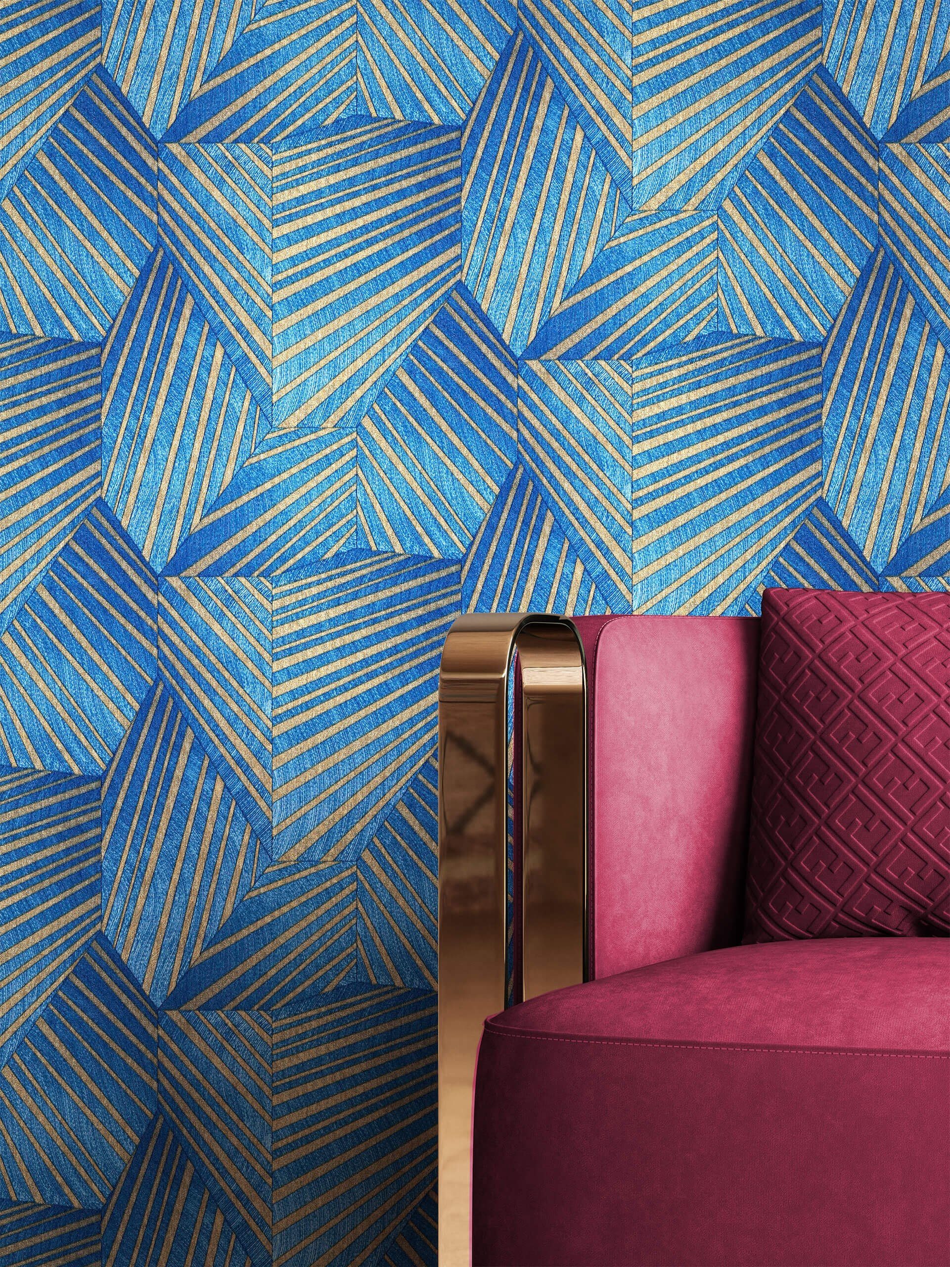 Newroom Vliestapete, Blau Tapete Grafisch Leicht Gläzend - Mustertapete Gold Glamour Modern Muster für Wohnzimmer Schlafzimmer Küche