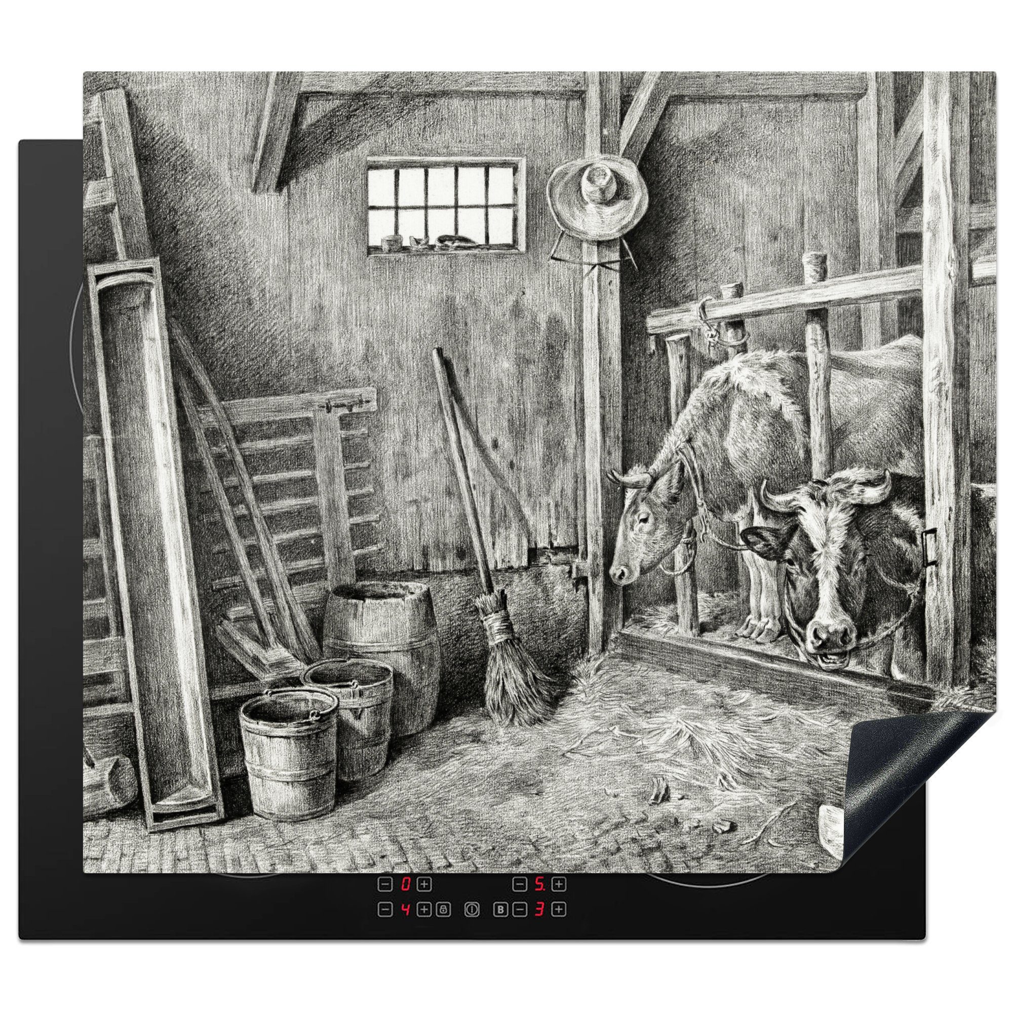 MuchoWow tlg), 59x52 von Bernard, Ceranfeldabdeckung mit zwei Gemälde - cm, Induktionsmatte Kühen Herdblende-/Abdeckplatte (1 Vinyl, für die Jean küche, Pferdestall