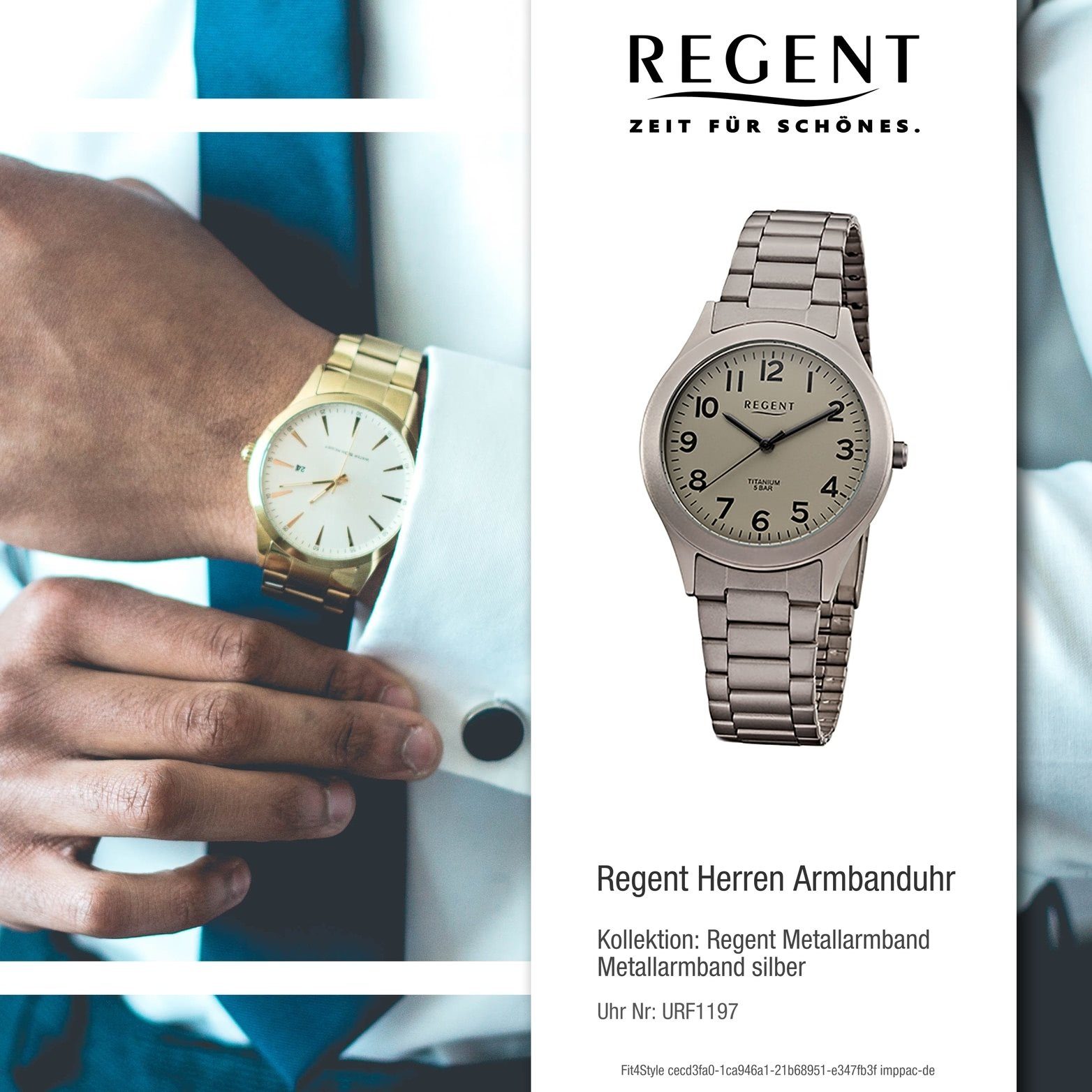 Regent Quarzuhr Regent Metall Herren (ca. Gehäuse, Metallarmband silber, rundes F-1197 Herrenuhr 37mm) Uhr Analog, mittel