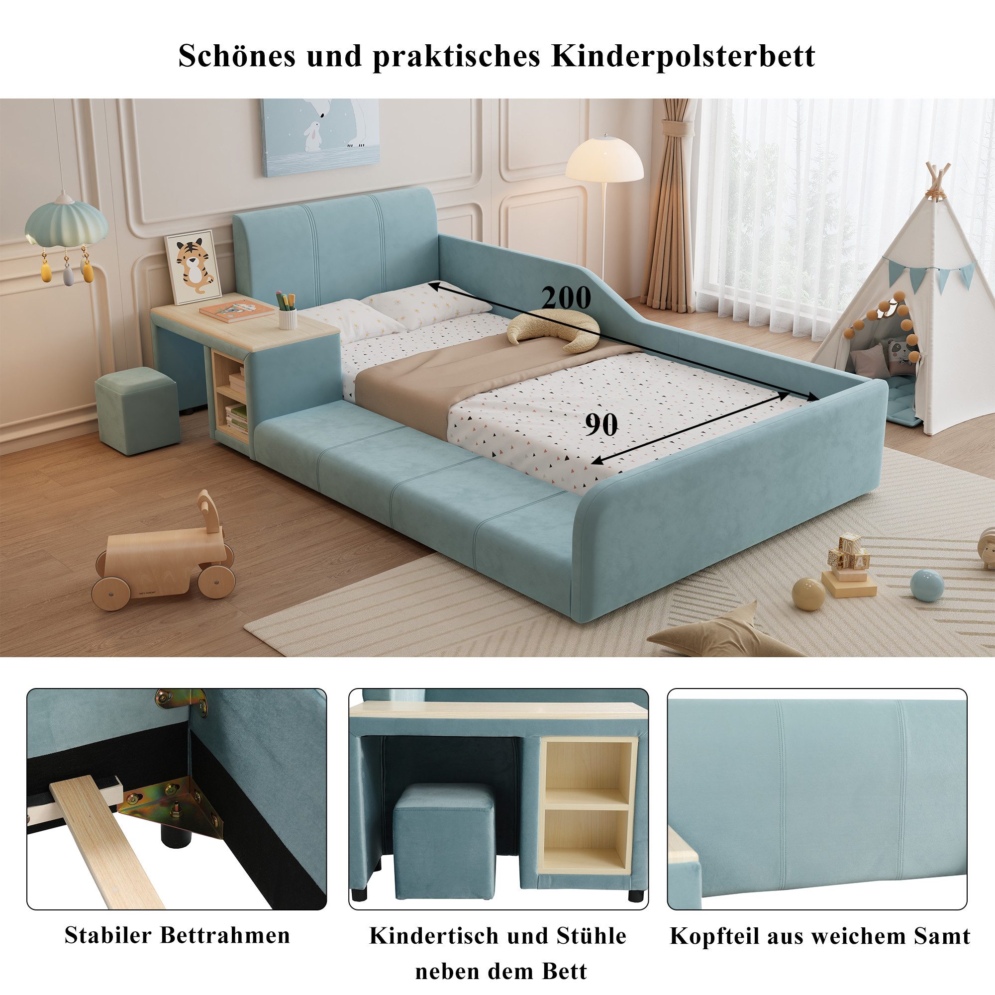 REDOM Polsterbett Kinderbett mit Schreibtisch und Hocker (90x200 cm Samt, Weiches Kopfteil, Robuste Holzlatten, Inklusive Ablageboden, Ideal für Schlafzimmer & Jugendzimmer), ohne Matratze