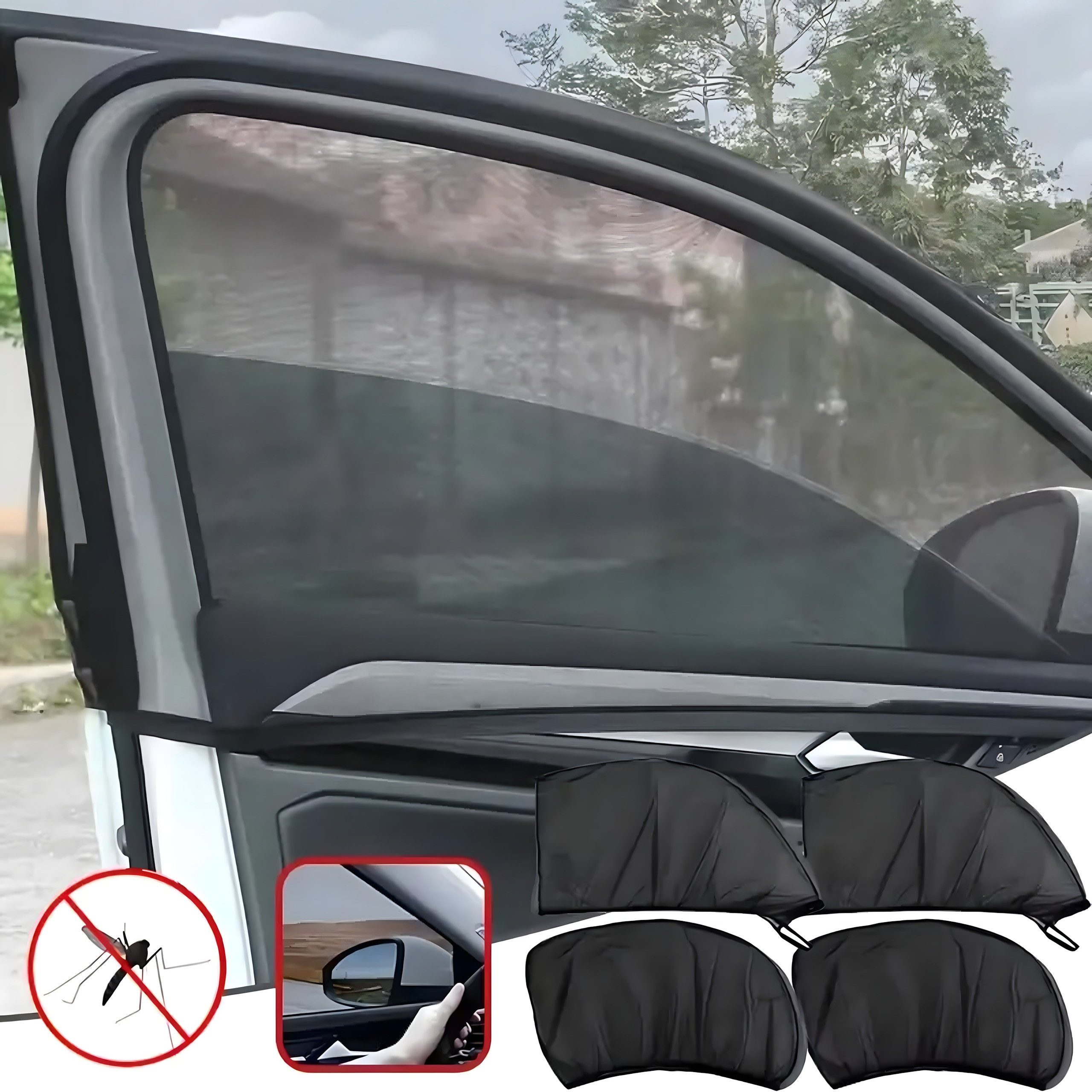 Realb2b Autosonnenschutz 4x Auto Защита от солнца Rollo Moskitonetz für 5-Türer Fenster Sommer Set, (Auto Защита от солнца Set 4 Stück Rollos mit Moskitonetz für 5-Türer Fahrzeuge, 4 Stück Moskitonetz für Auto Fenster Schutz gegen Sonne und Insekten), UV-Schutz, Insektenschutz, Universal für Autos, schnelle Montage