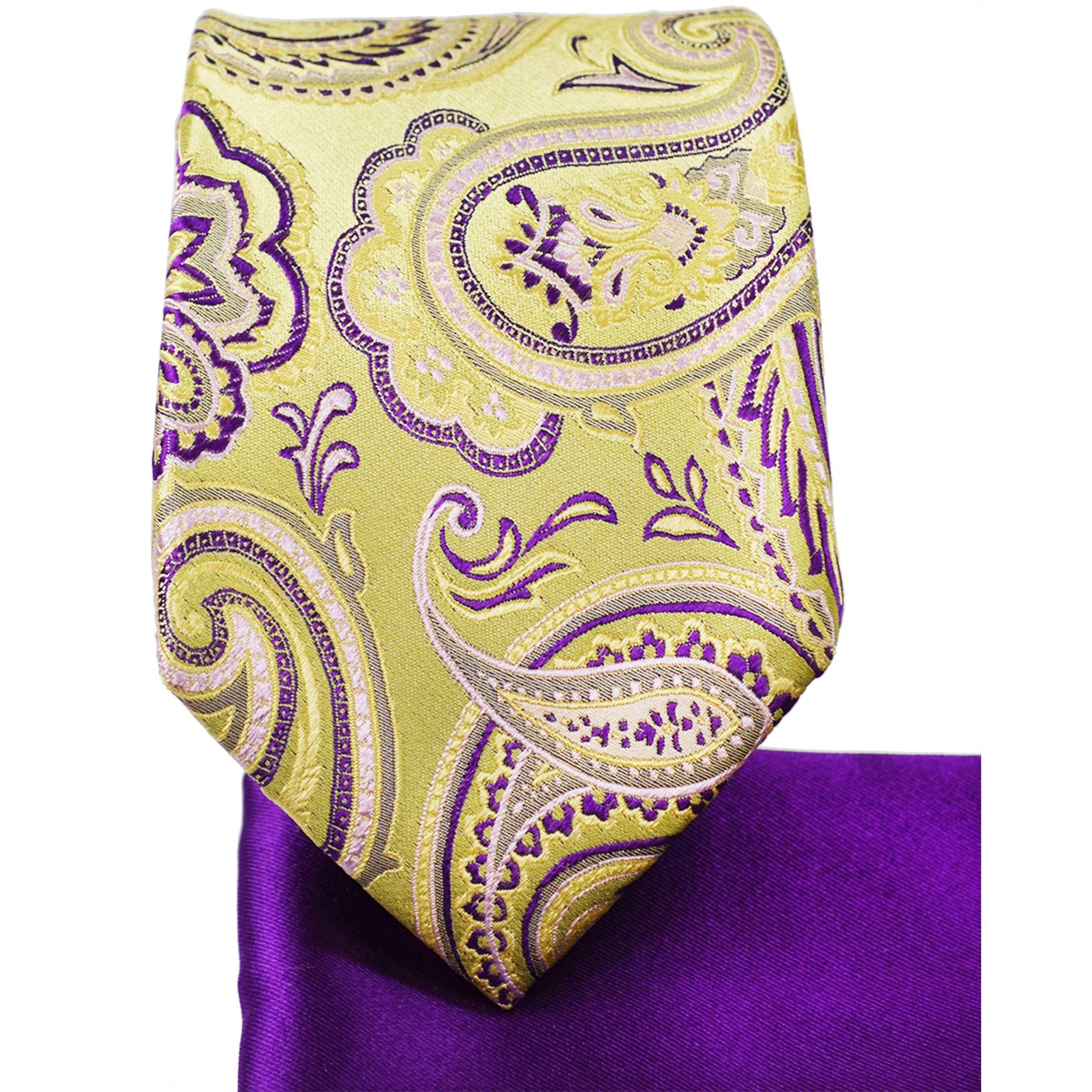 Paul Malone S14111-23 violett Einstecktuch) 7-Fold lila mit 100% modern Seide gold 2-St., elegant (Set, Schlips Krawatte gelb paisley Seidenkrawatte