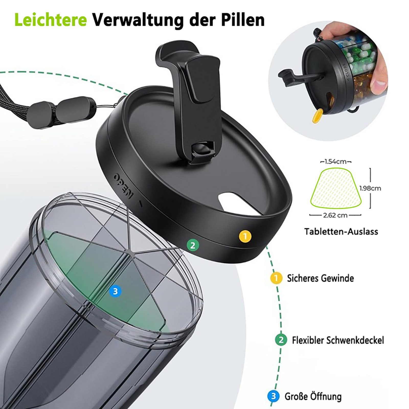 FOUORTUNATE-BEE Pillendose Tablettenbox Rund Pillendose 6 Fächer mit Großen Separaten Fächern (tragbare Medikamentenbox)