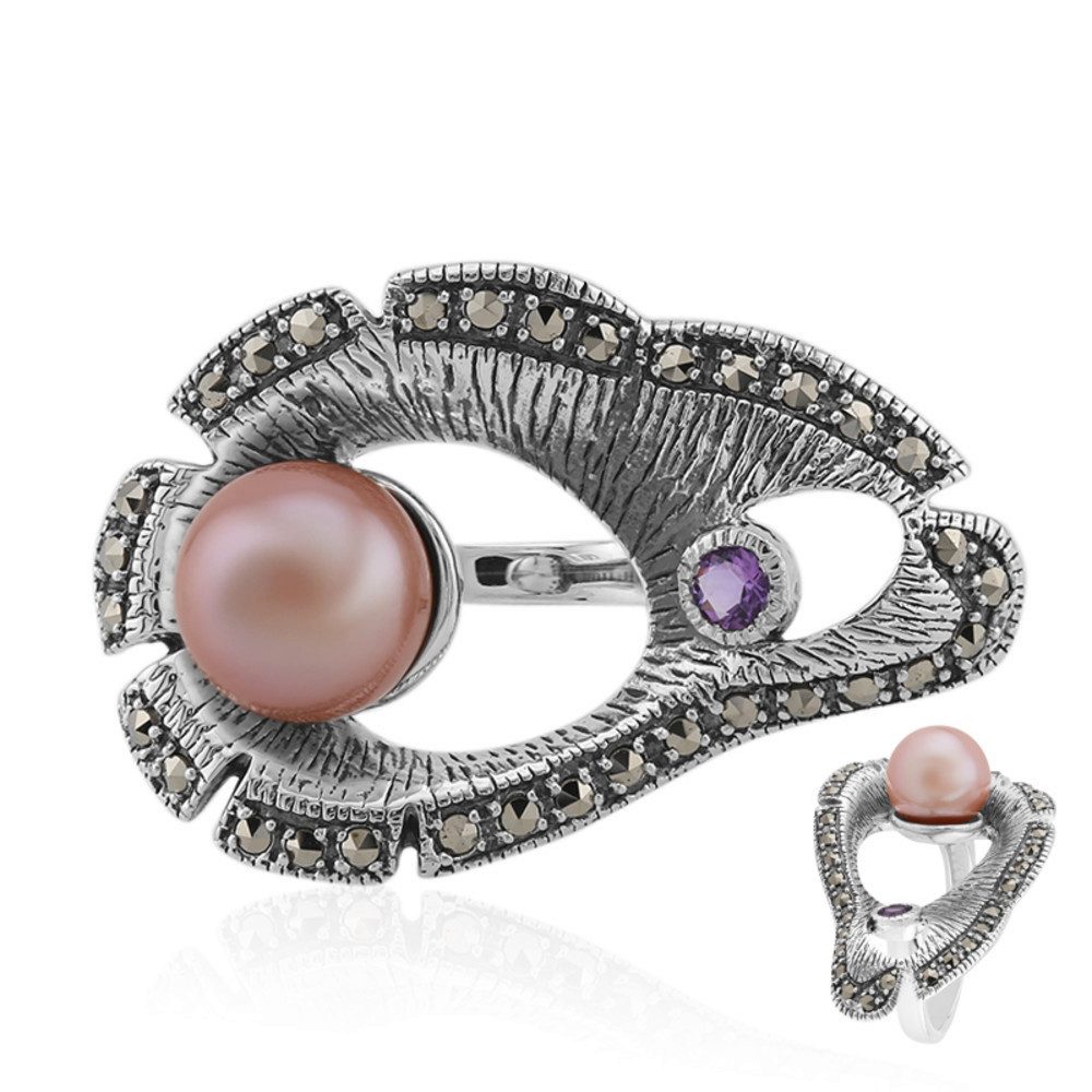 Cavill Perlenring Ring Sterlingsilber 925, 9 mm Ming-Perle, Amethyst 0,1 ct, Markasit (1-tlg)