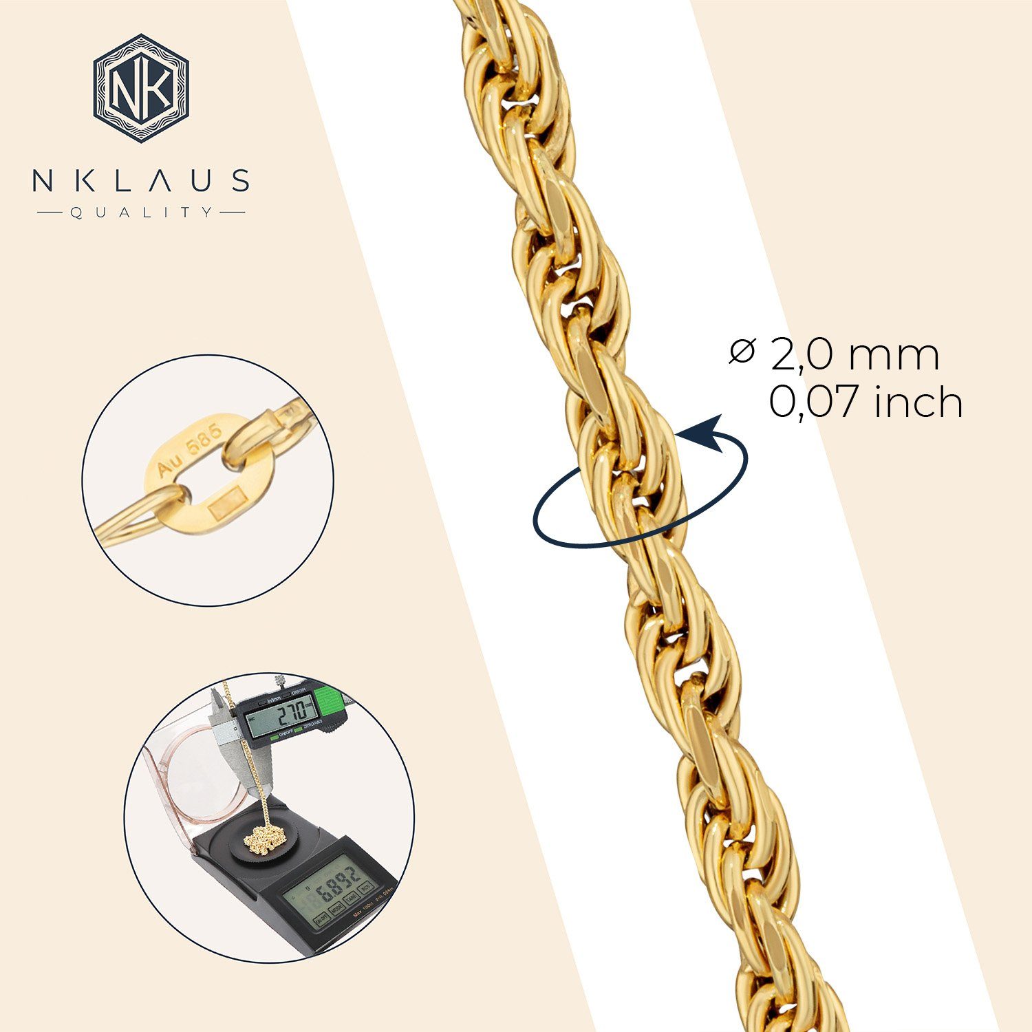NKlaus Goldkette 50cm Zopfkette 585 Gelb Gold 14 Karat Halskette Kordel hoh günstig online kaufen