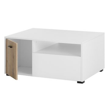 Lomadox Couchtisch HUNTER-61, Wohnzimmertisch weiß matt Eiche Rillen 90x43x70 cm