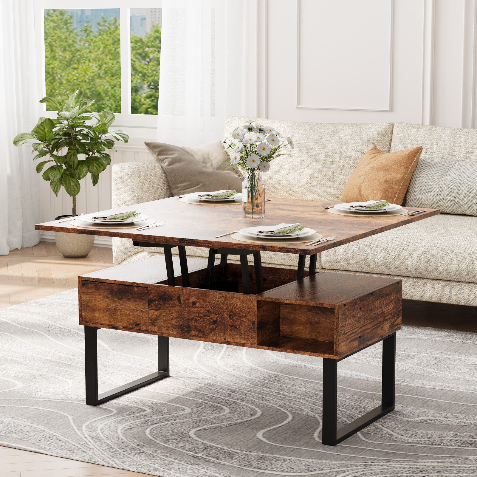 VOWNER Couchtisch 3-in-1-Multifunktions-Wohnzimmertisch, Höhenverstellbar, 1 Schublade + offene Ablagefächer + verstecktes Fach