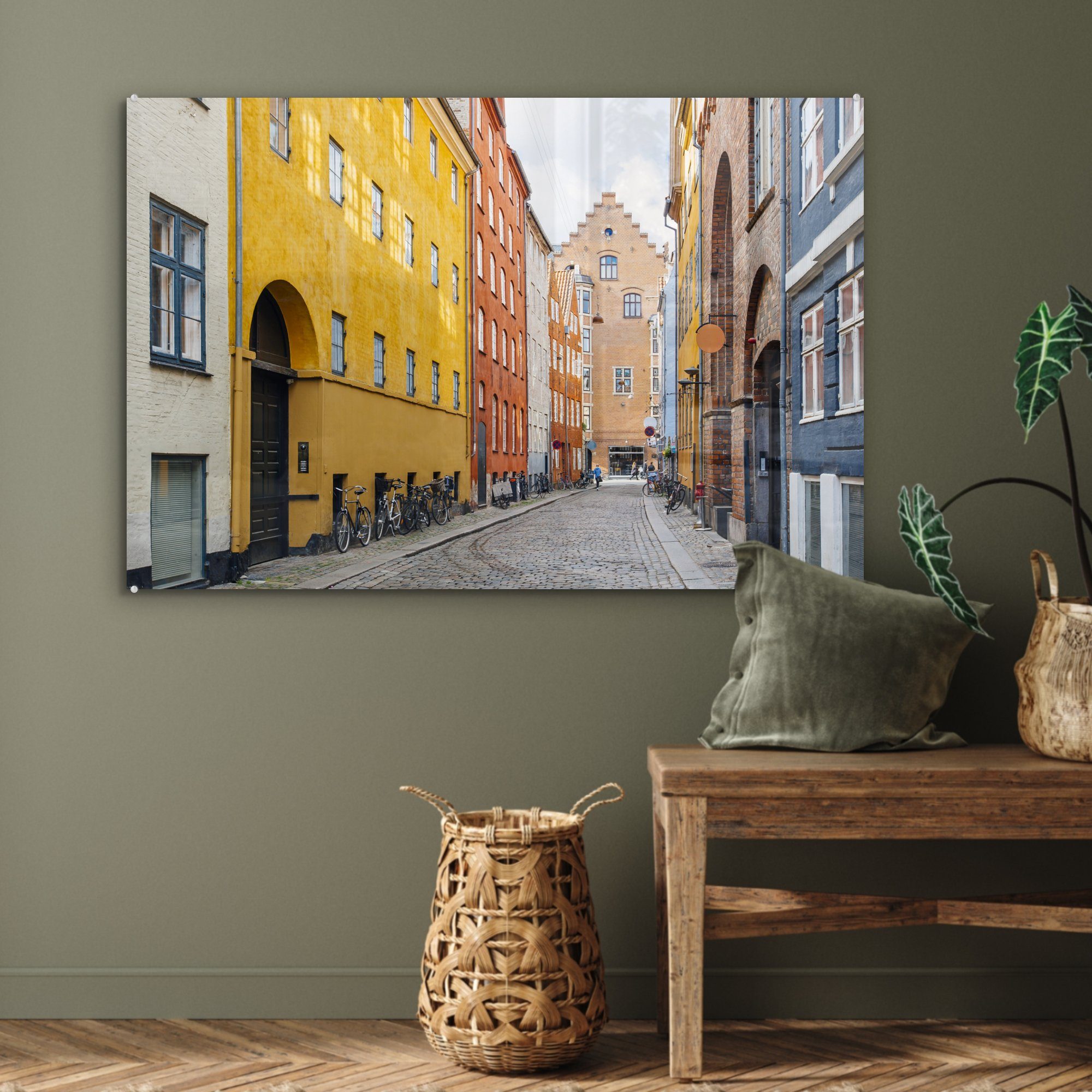 (1 Häusern MuchoWow in Straße & Acrylglasbilder St), bunten Wohnzimmer Dänemark, Acrylglasbild mit Schlafzimmer