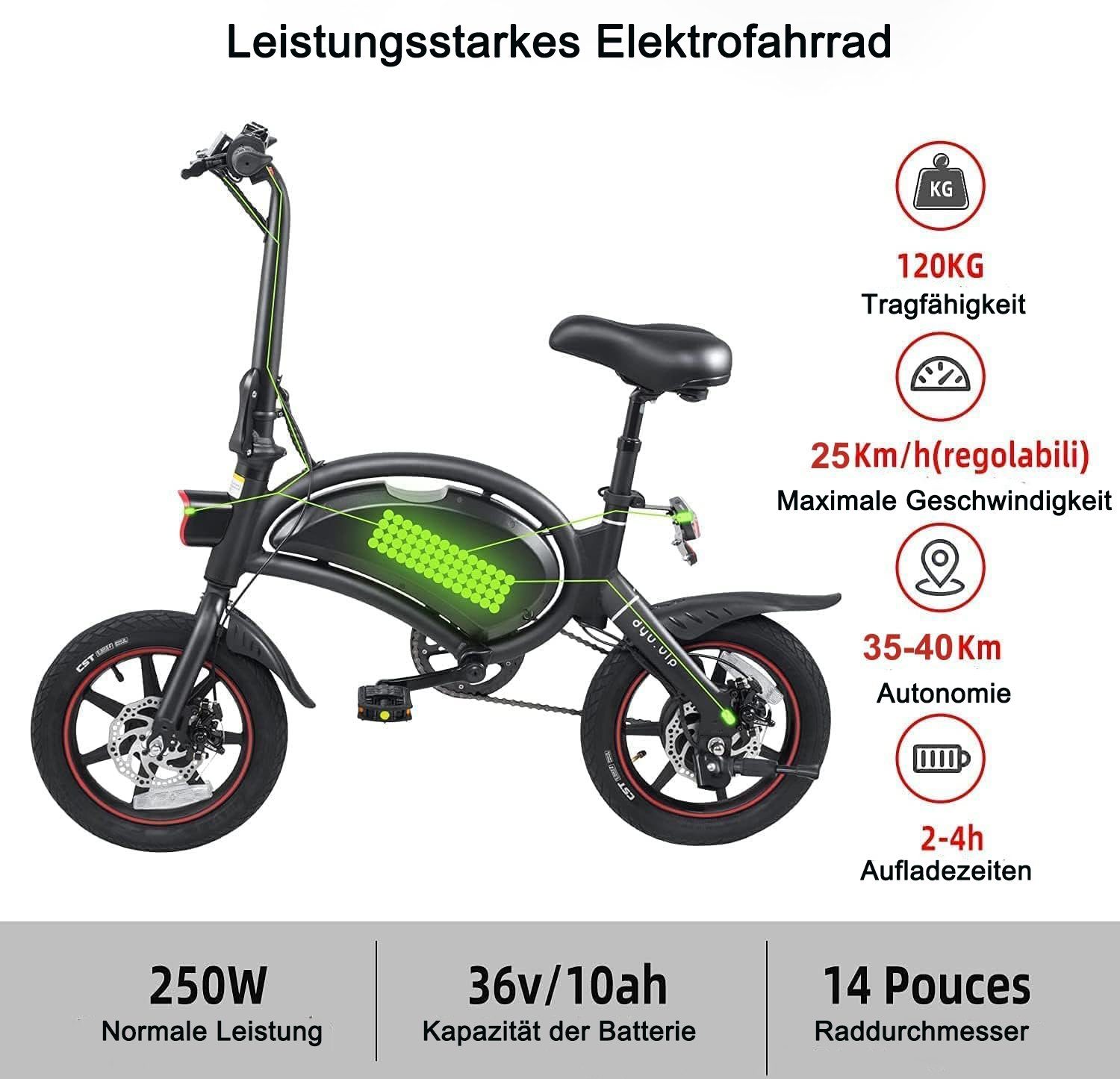 Zoll 277,80 250W, Akku, tlg), 14 Klapprad E-Bike Faltbar Wh 36V/10 E-Bike Elektrofahrrad (1 Ah ombar Cityräder