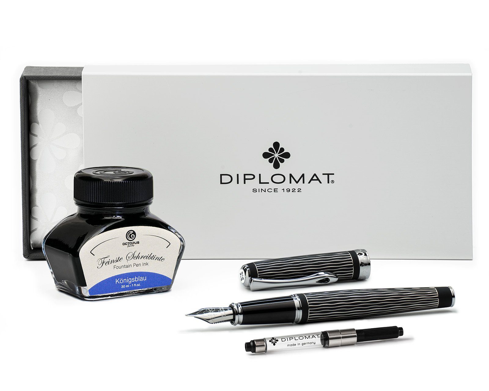 GERMANY Excellence schwarz IN mit guillochiert Schreibtinte Wave MADE lapis von und mit Tintenkonverter (Spar-Set Füllhalter Schreibtinte, Octopus DIPLOMAT Fluids), A+ Königsblau