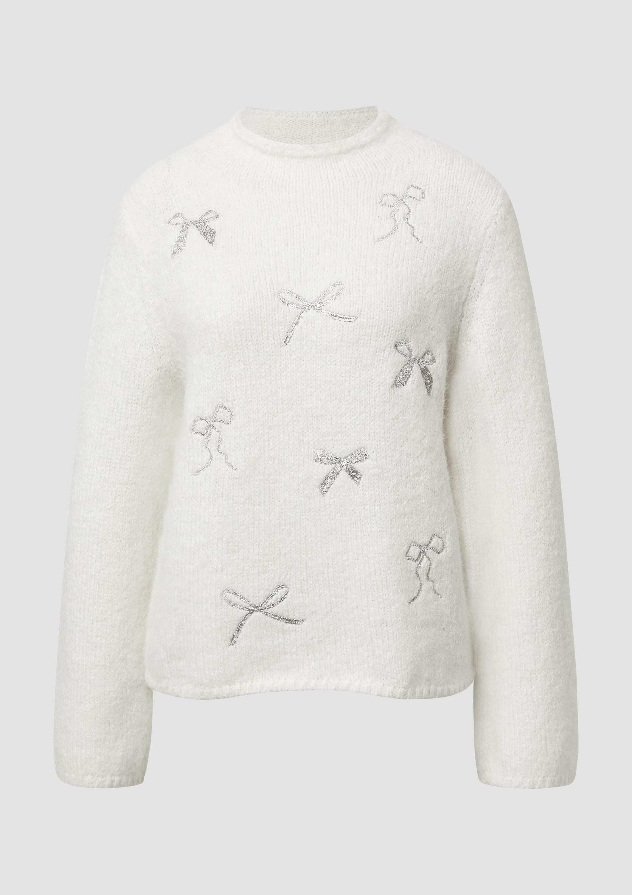 s.Oliver Longpullover Strickpullover Strickpullover mit Stehkragen und Schleifen-Stickerei