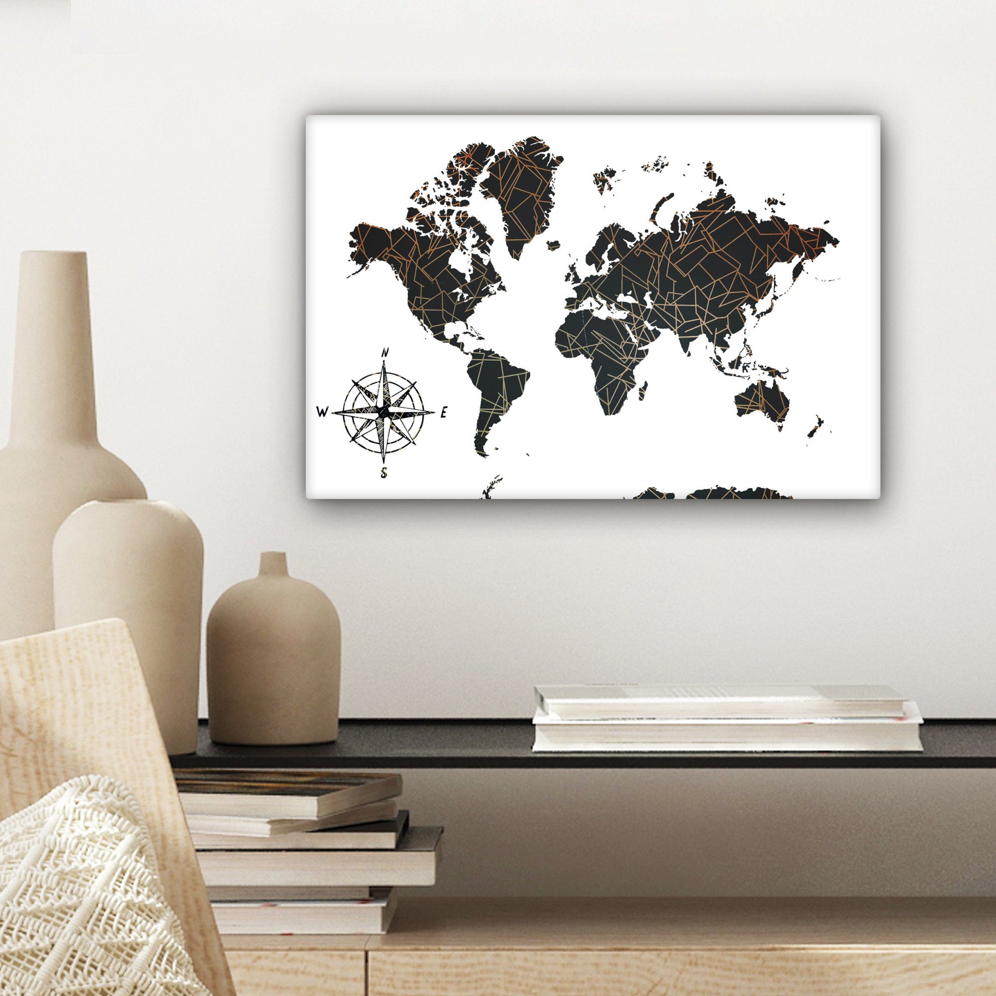 Weltkarte OneMillionCanvasses® - - Weiß St), Wandbild Leinwandbild Kupfer, - cm Schwarz Leinwandbilder, Aufhängefertig, Wanddeko, 30x20 (1
