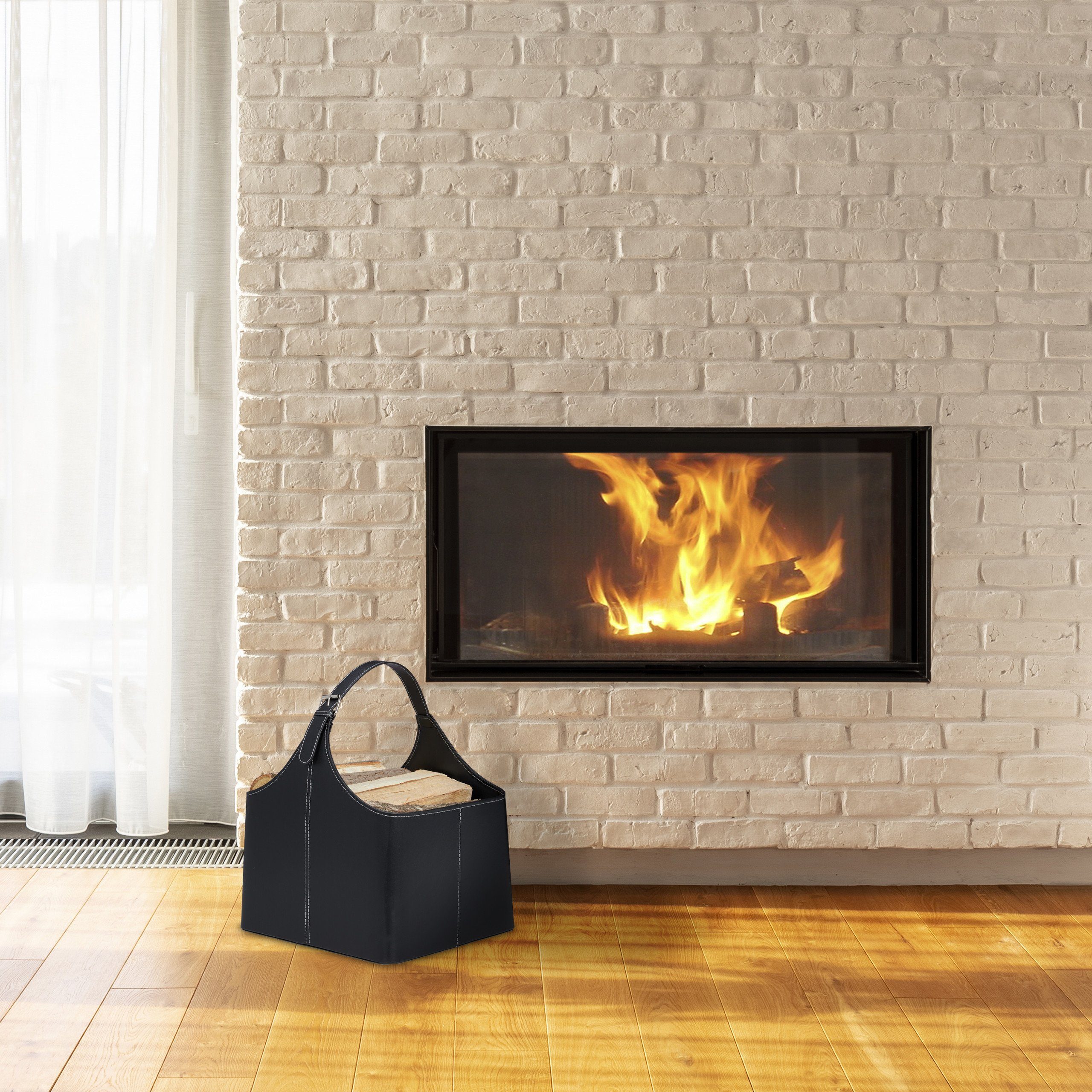 relaxdays Kaminholzkorb Holzkorb Kunstleder mit Henkel günstig online kaufen