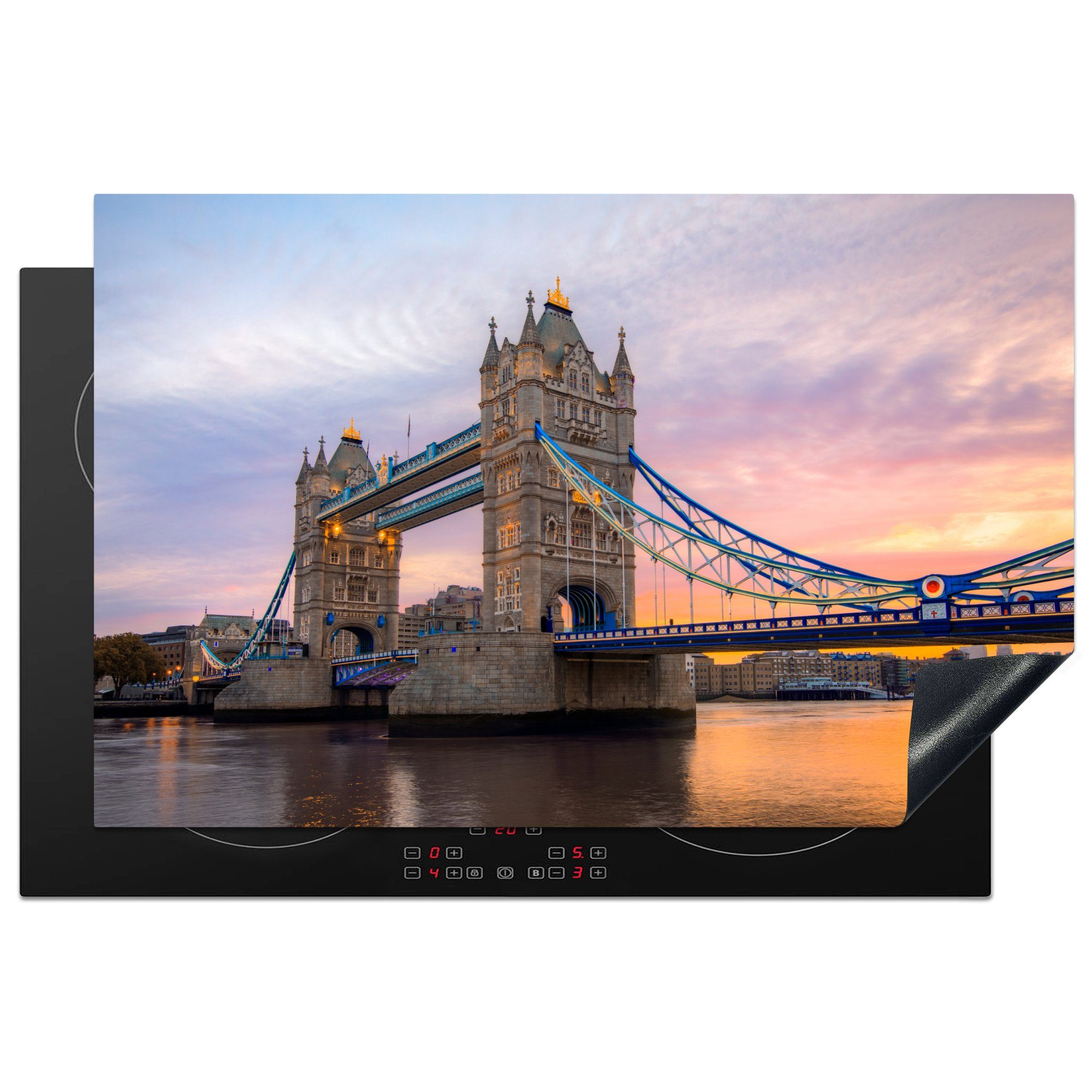 MuchoWow Herdblende-/Abdeckplatte Sonnenaufgang an der Tower Bridge in London, Vinyl, (1 tlg), 81x52 cm, Induktionskochfeld Schutz für die küche, Ceranfeldabdeckung