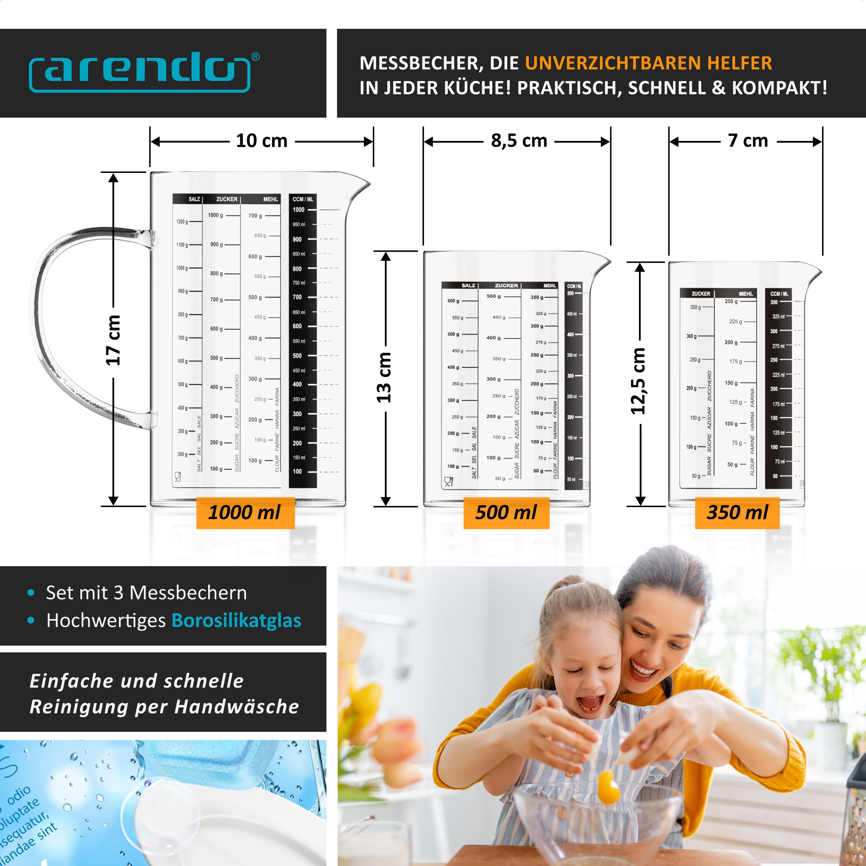 Arendo Messbecher 350ml, 500 ml & 1000 ml Glas Messkrug Set, ineinander stapelbar, Glas, (Set, 3-St., 3x Borosilikat Rührbecher: 0,35 L / 0,5 L / 1 L), Küchenbehälter 8teilige Skalierung für Mehl Zucker Gewürze Süßigkeiten