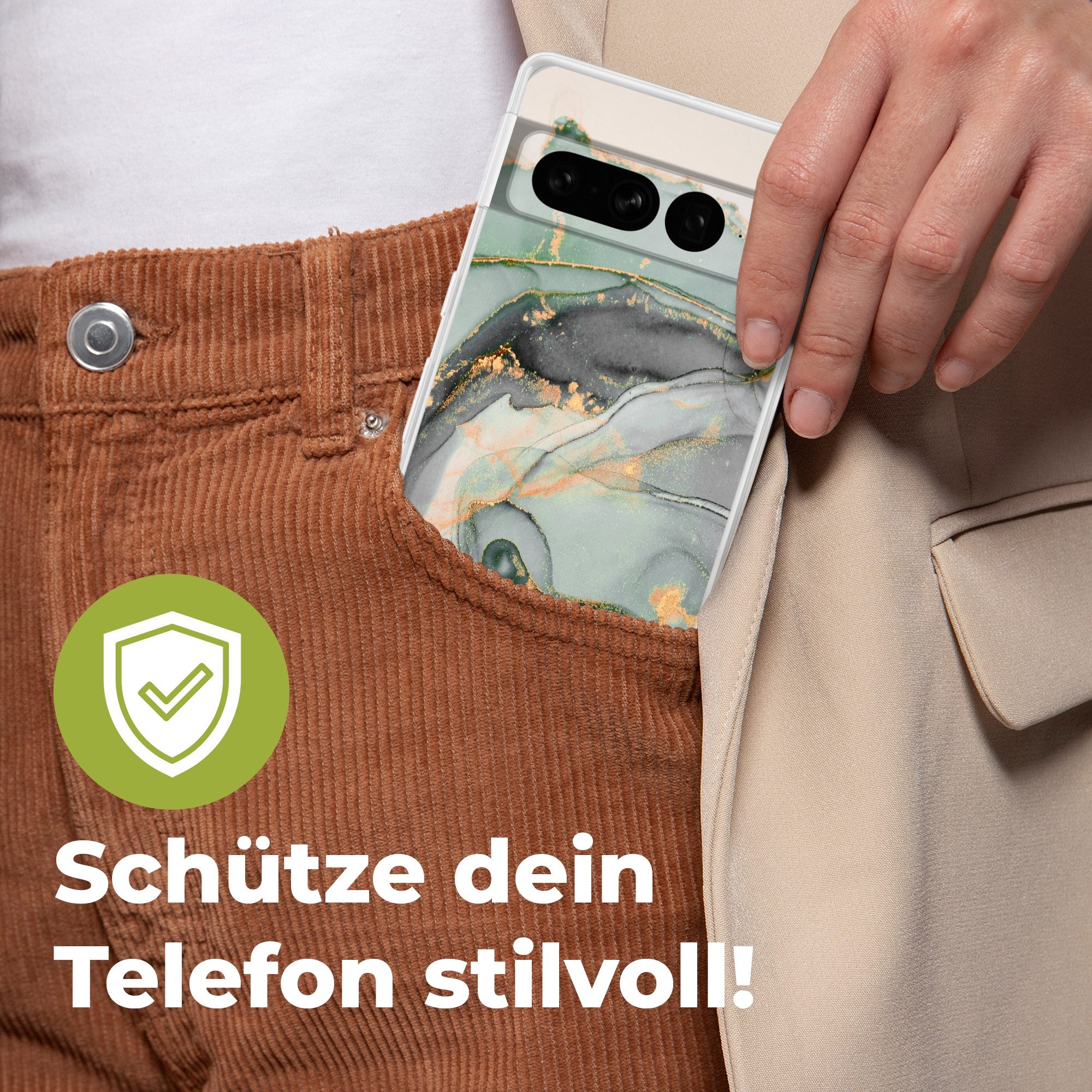 MuchoWow Handyhülle für Google Pixel 7 Pro Gold - Marmor - Grün - Luxus - Glitzer - Marmor, Phone Case, Silikon, Schutzhülle Dünn