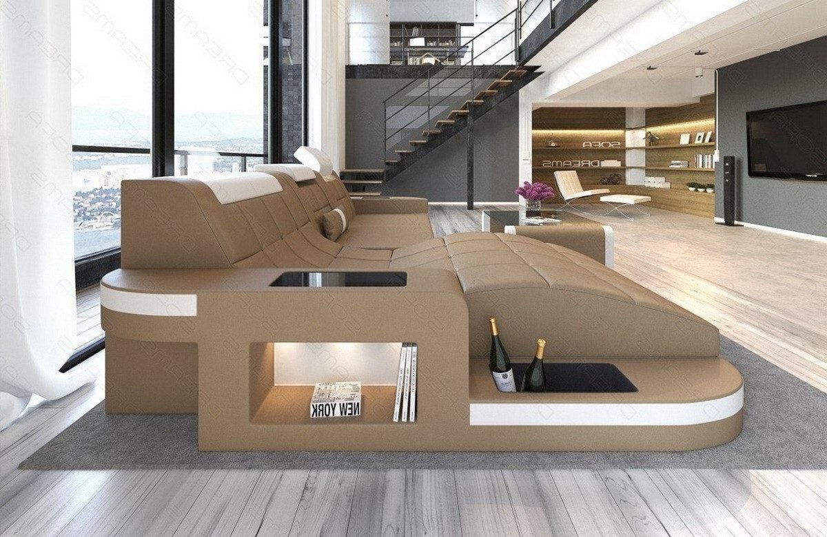 Sofa Dreams Ecksofa Wave L Form Ledersofa LED, 4-Sitzer, Leder-Mix Premium, Sandbeige-Weiß, Ottomane links mit Bett