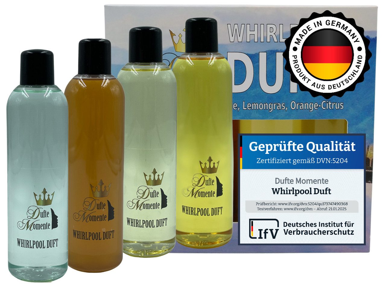 Dufte Momente Badezusatz Whirlpool Duft-Set 4x250ml: Eukalyptus, Kokos-Vanille, u.a., 4-tlg., Mit ätherischen Ölen, vegan, tierversuchsfrei