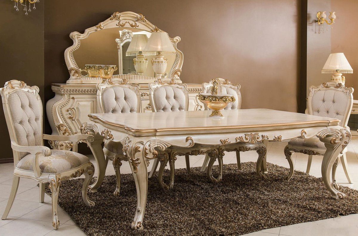 Casa Padrino Esszimmer-Set Luxus Barock Esszimmer Set Creme / Gold - 1 Barock Esstisch & 6 Barock Esszimmerstühle - Barock Esszimmer Möbel - Luxus Möbel im Barockstil - Edel & Prunkvoll