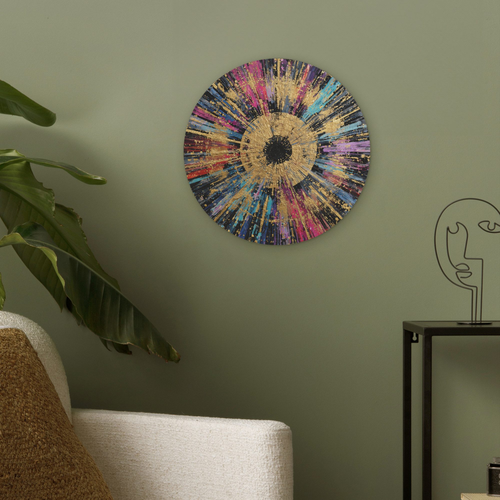 MuchoWow Gemälde Explosion - Gold - Bunt - Abstrakt, Fotodruck (1 St), Akustikpaneele rund, Schalldämmung, Akustikbilder 30x30 cm