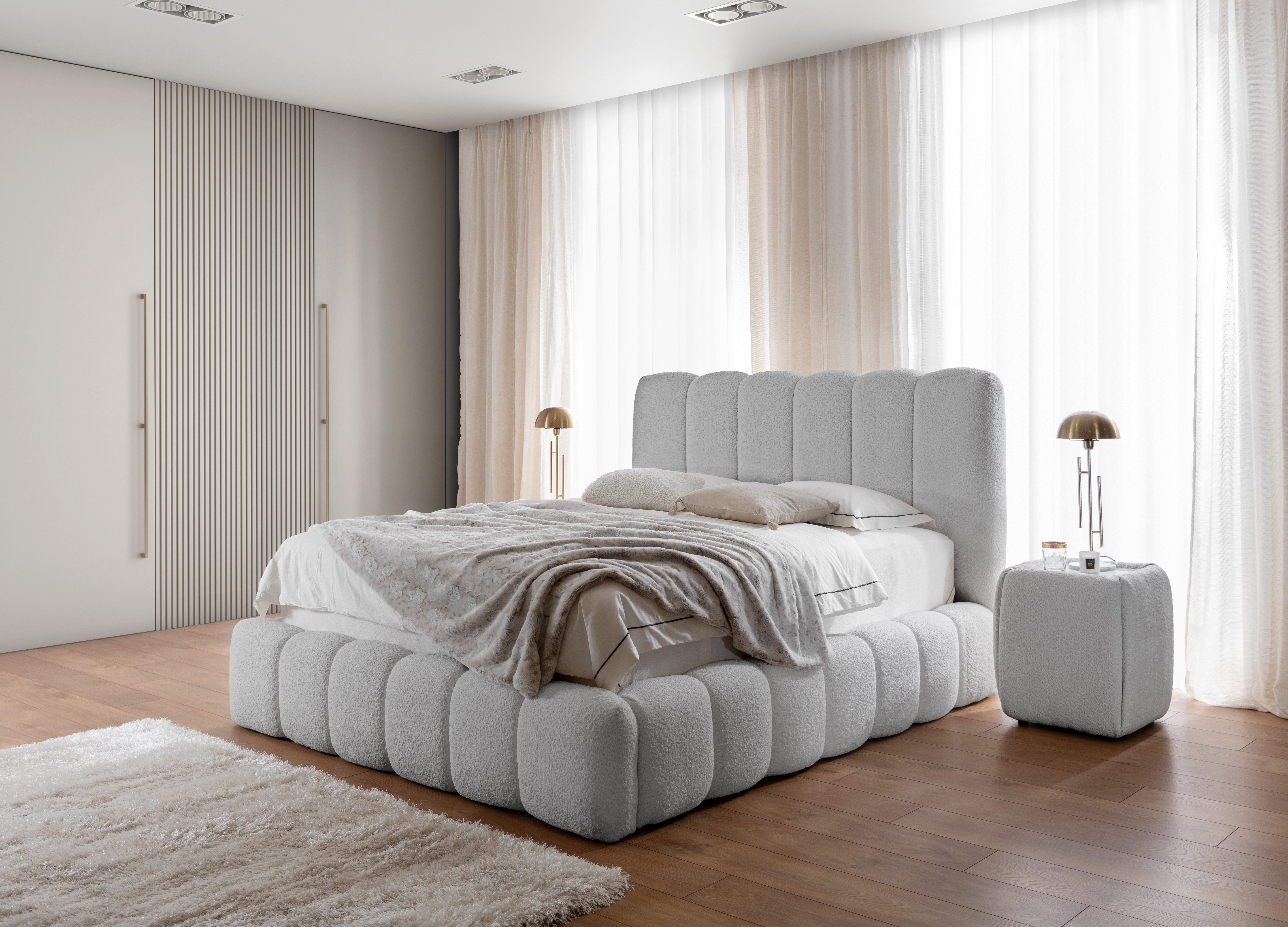 Friderik-EU Polsterbett CANDE mit Bettkasten, Lattenrost und gepolstertem Kopfteil, Wolkenbett (Doppelbett mit Stauraum, Stabilem Holzrahmen, Bouclé-Stoff)