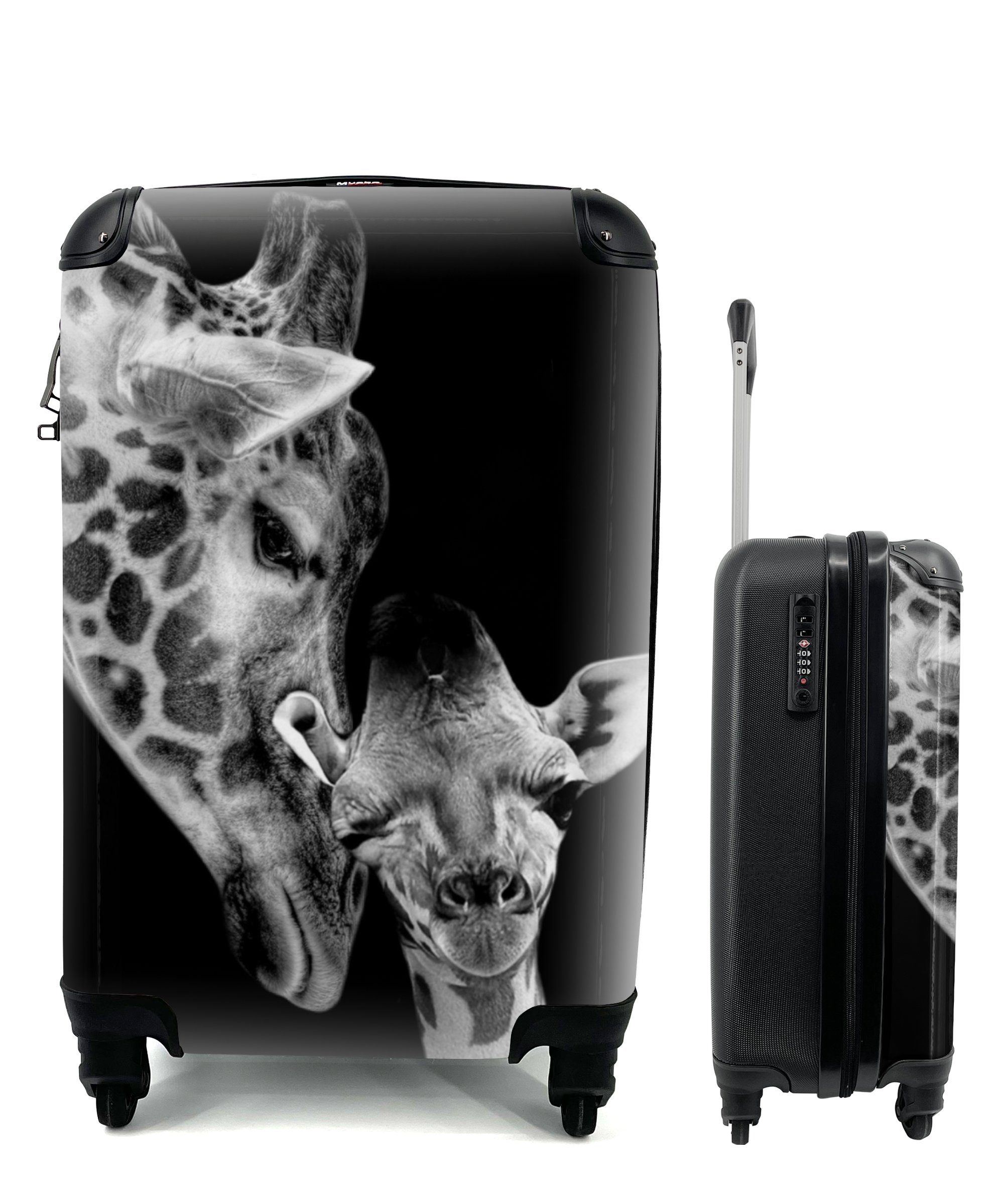 MuchoWow Handgepäckkoffer Porträt - Giraffe - Tiere - Schwarz - Weiß, 4 Rollen, Reisetasche mit rollen, Handgepäck für Ferien, Trolley, Reisekoffer