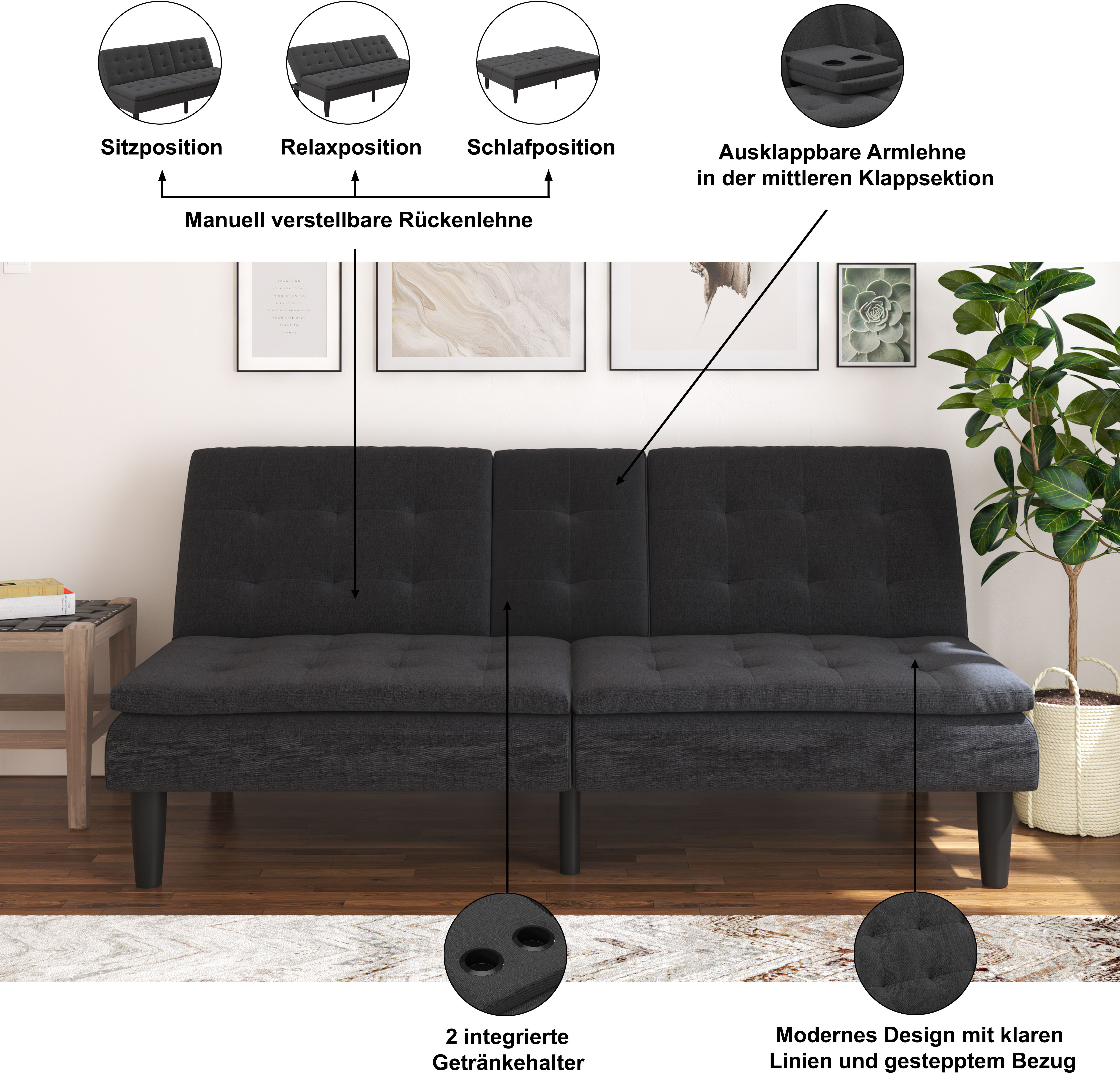 Dorel Home Schlafsofa MAINE, Kinosofa mit Relax- und Bettfunktion, 2 Getränkehalter, Liegefläche 190 x 110 cm, Webstoff und Kunstleder