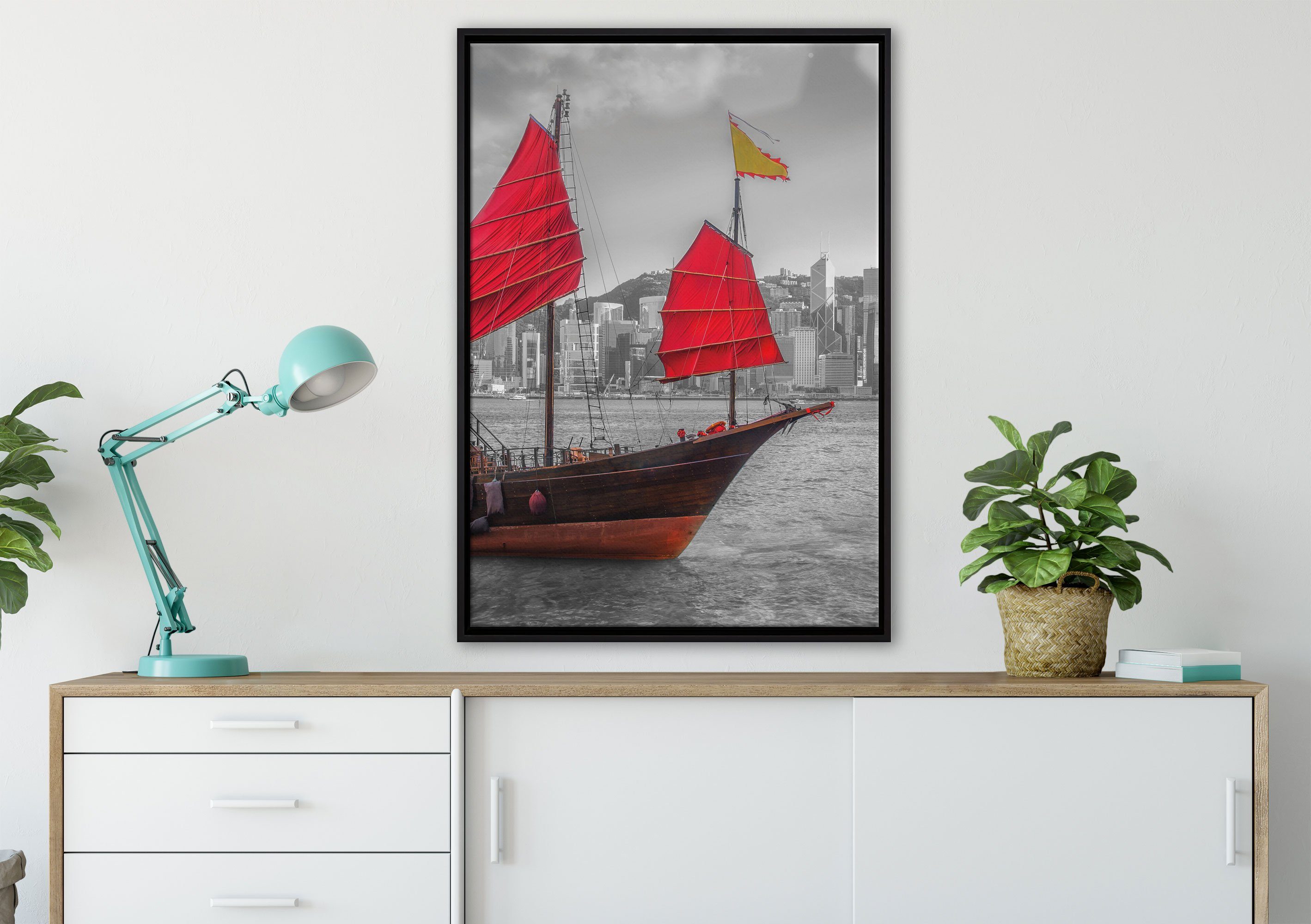 Pixxprint Leinwandbild Segelschiff mit roten einem in fertig (1 gefasst, bespannt, Segeln, Zackenaufhänger Schattenfugen-Bilderrahmen St), inkl. Wanddekoration Leinwandbild