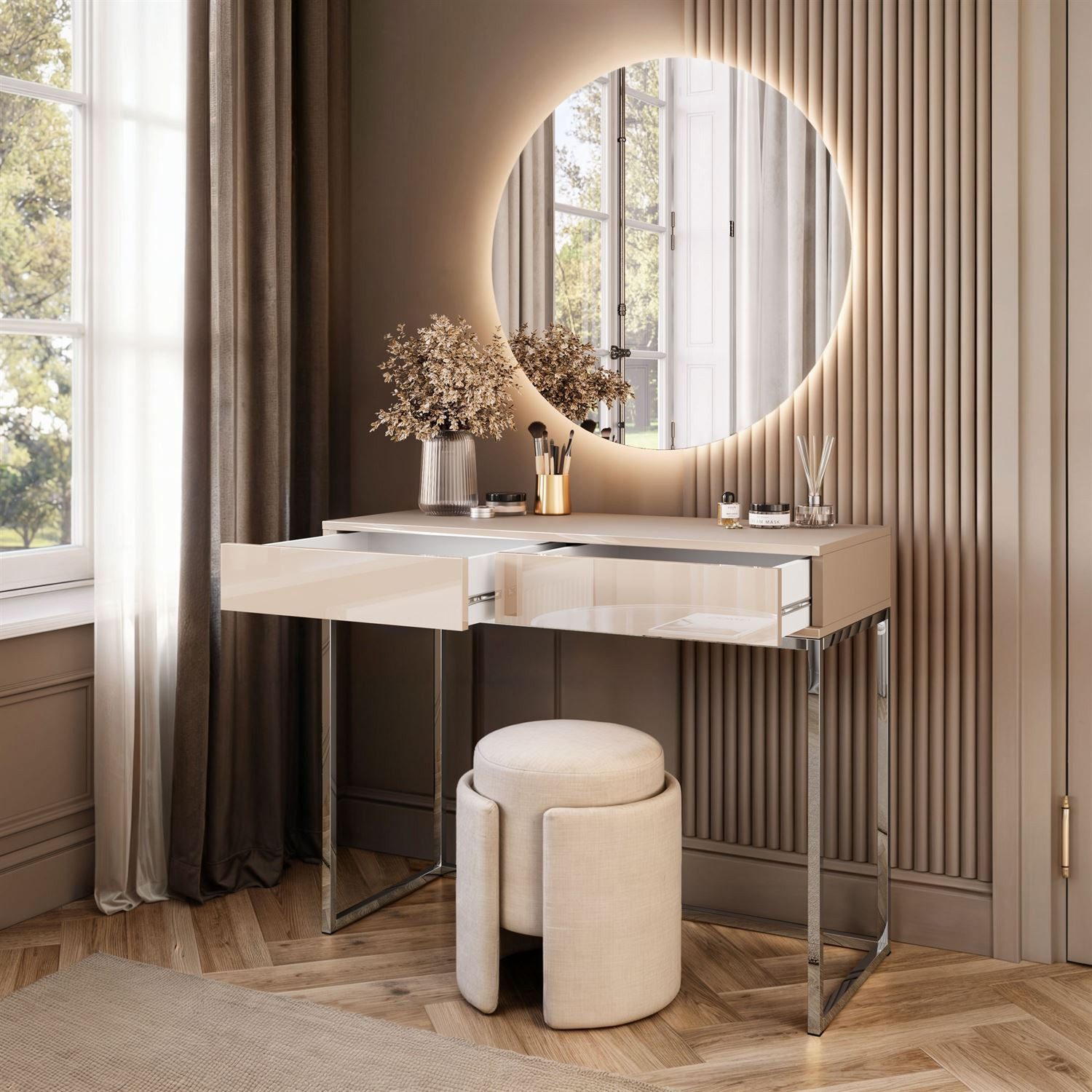 Lookway Schminktisch BLANCO GLAMOUR KASZMIR mit verchromtem Gestell und LED-Spiegel (1x Konsole, 1x Spiegel mit Led Beleuchtung), Breite: 100 cm