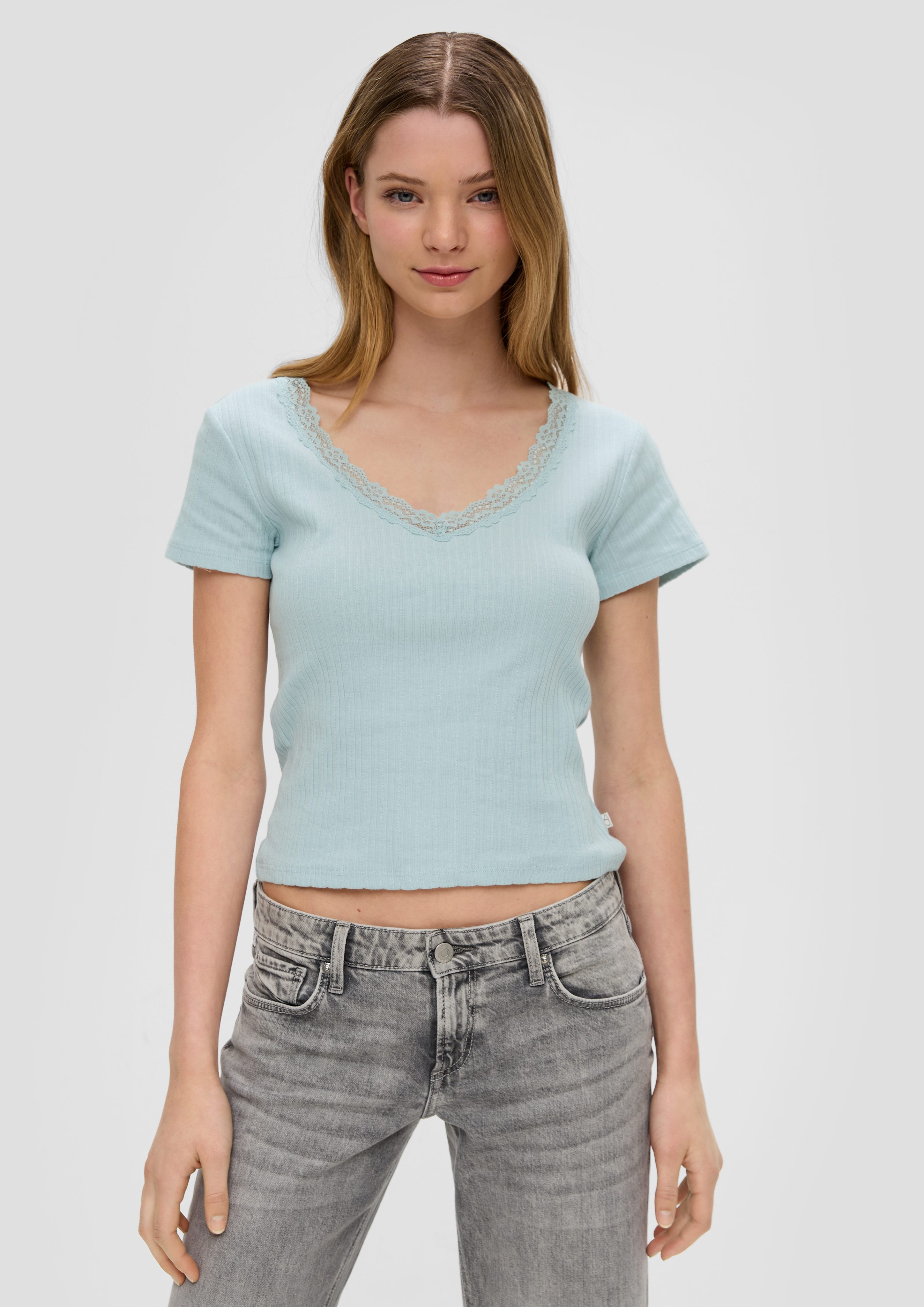 QS Kurzarmshirt Geripptes T-Shirt mit Spitzen-Details günstig online kaufen