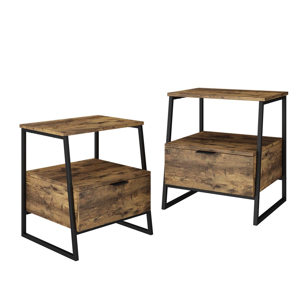 Nachtschrank Lunor, Eiche rustikal/Schwarz, 2er Set
