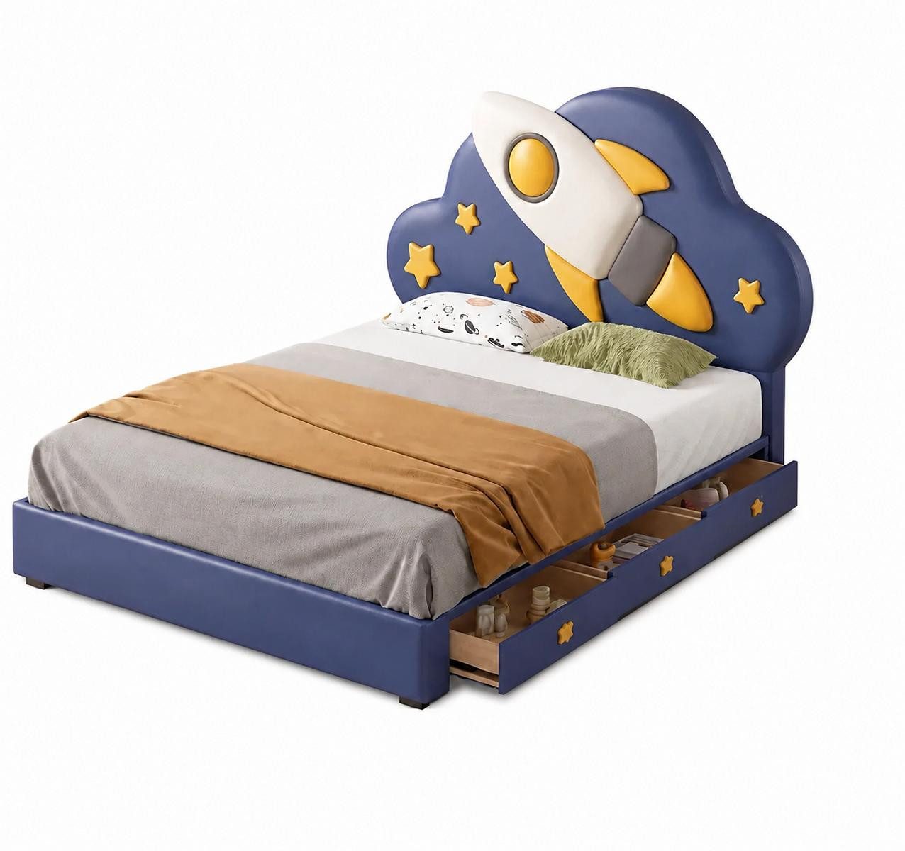 JVmoebel Kinderbett Blaues Kinderbett aus Leder Rakete Weltraum für Jungen Kindermöbel, Made in Europa