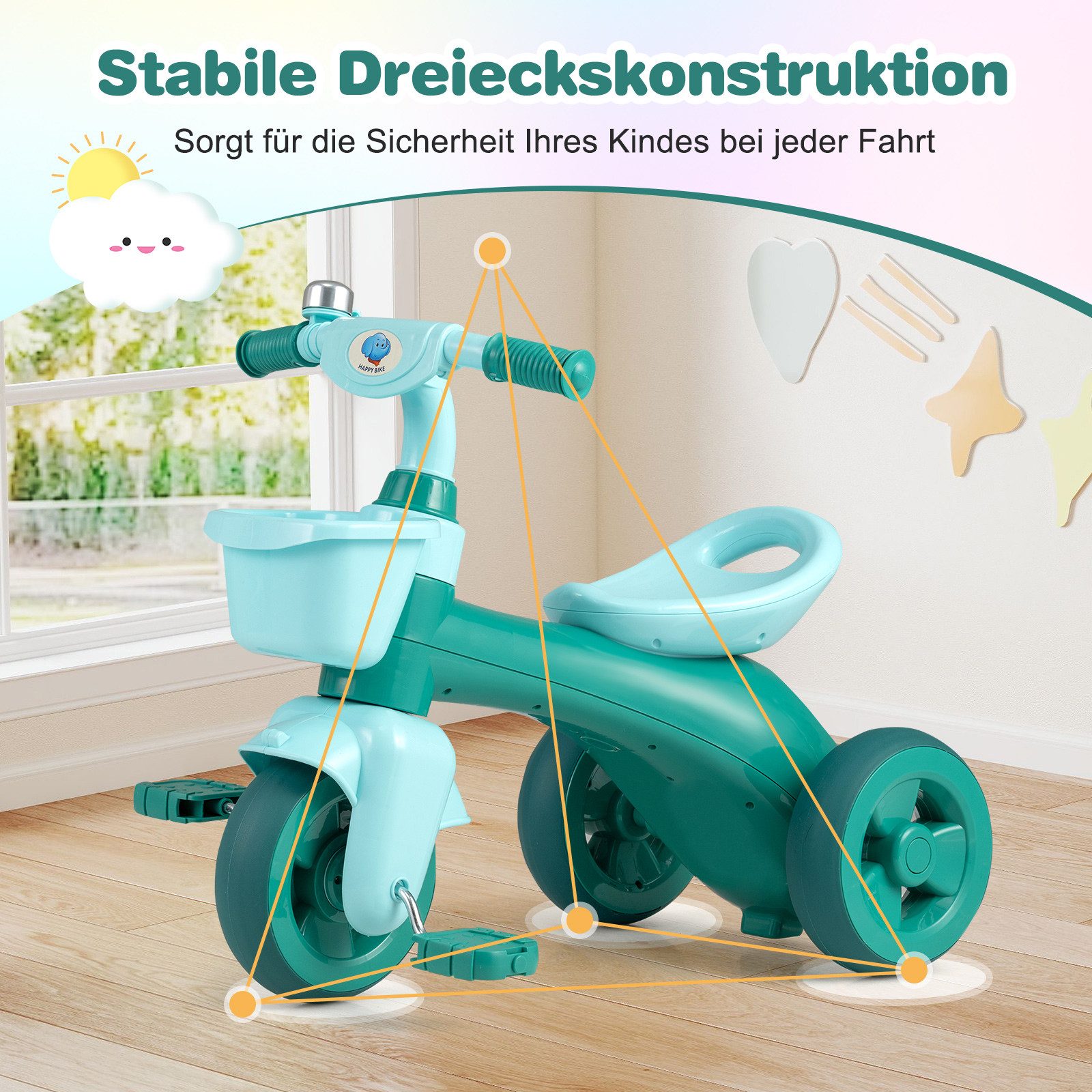 COSTWAY Dreirad, Kinder, Laufrad mit begrenzter Lenkung & Klingel