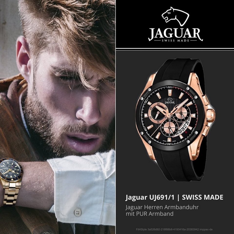 JAGUAR Chronograph Jaguar PUR Herren Uhr J691/1 Sport, Herrenuhr mit  PURarmband, rundes Gehäuse, groß (ca. 43mm), Sport-Style