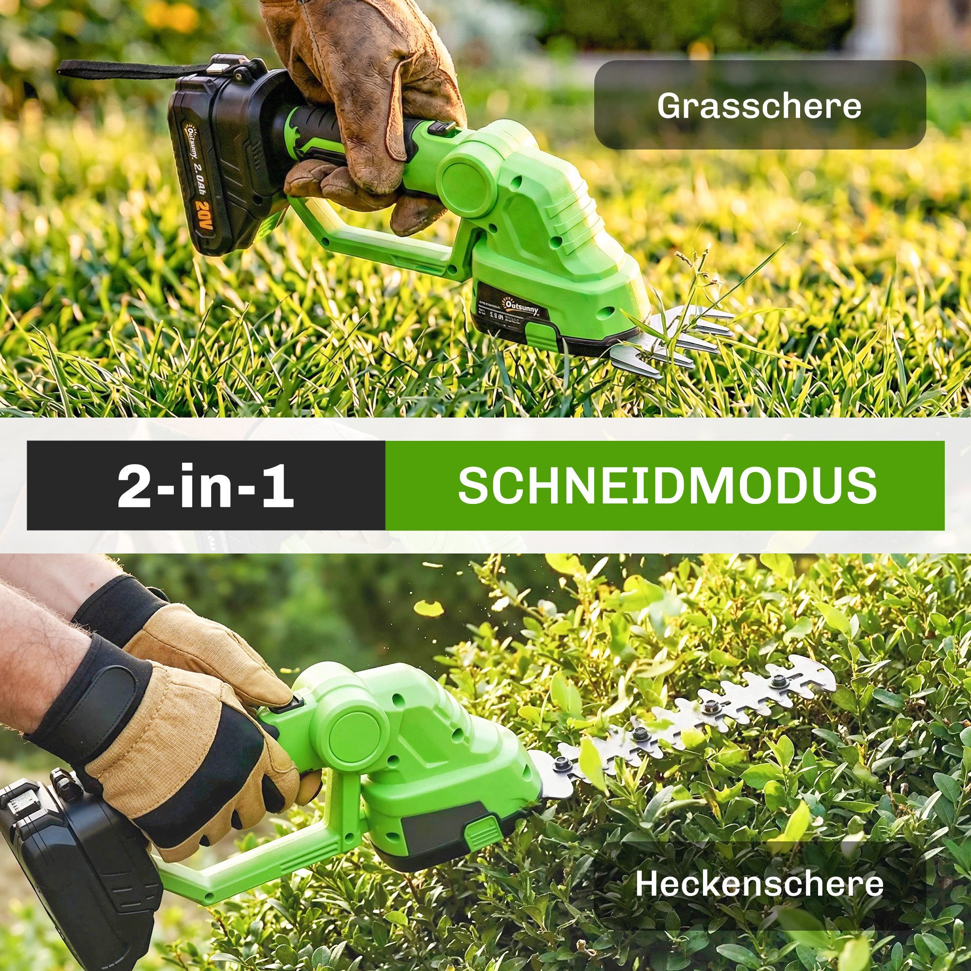 Outsunny Elektro-Heckenschere 2-in-1 Akku Heckenschere mit 20/10cm Schnittlänge, 18V 2,0Ah, (Hecken & Strauchschere, 4 St., Heckenschneider), für Äste, Sträuche – Bild 4 von 5