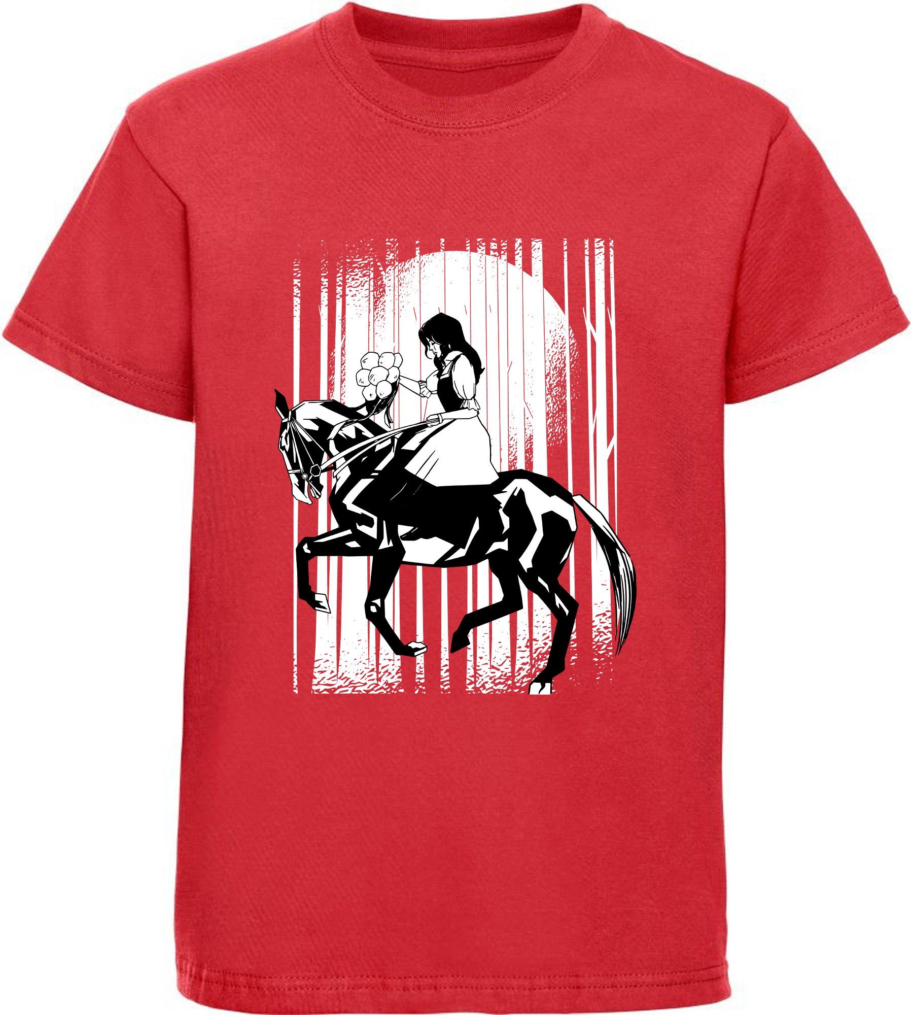 mit bedrucktes Aufdruck, Mädchen berittenes rot Print-Shirt T-Shirt MyDesign24 Baumwollshirt i138 Pferd