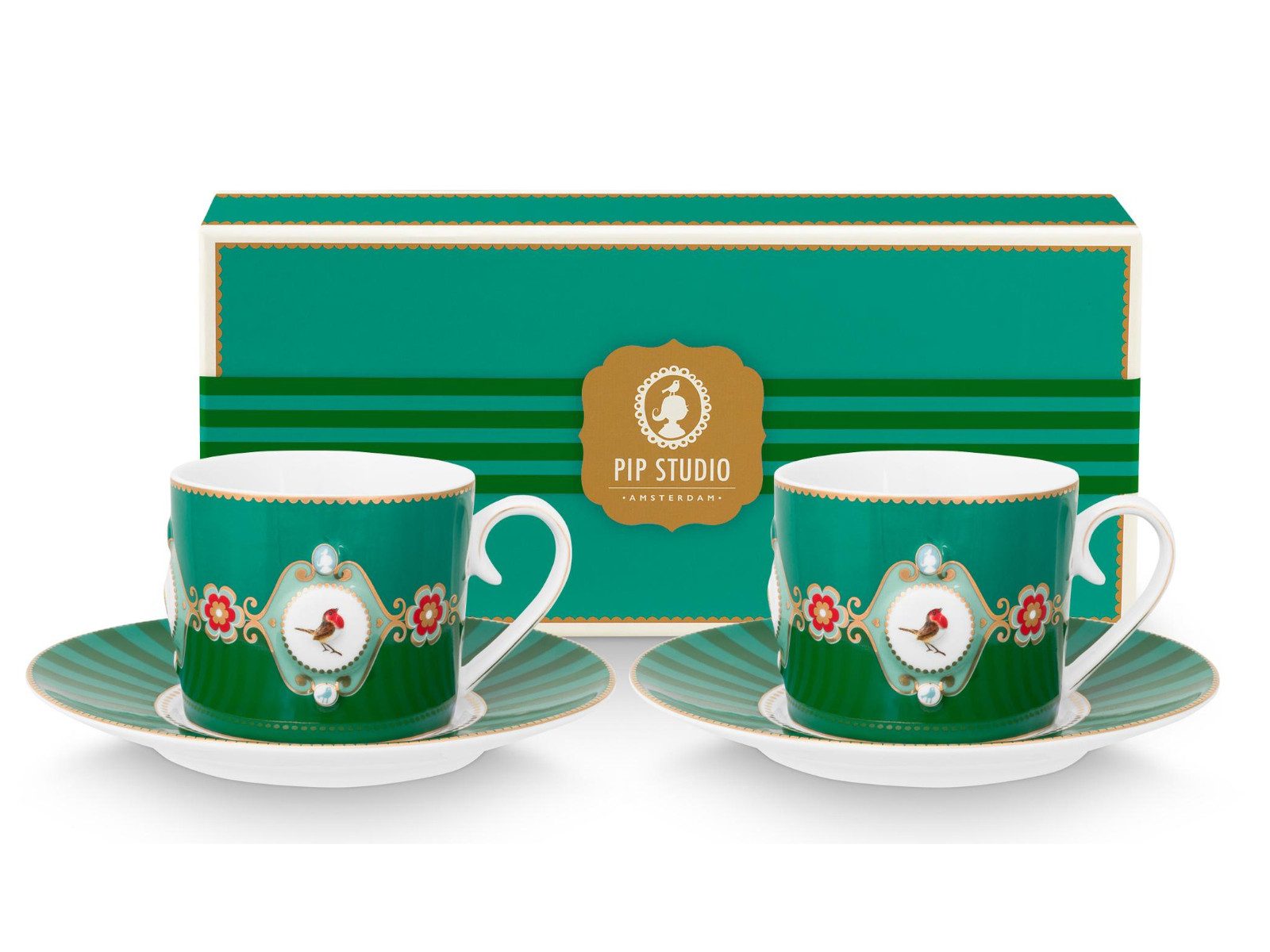 PiP Studio Tasse Love Birds Medallion Emerald-Green Tasse mit Untertasse 0,2l Set2, Porzellan