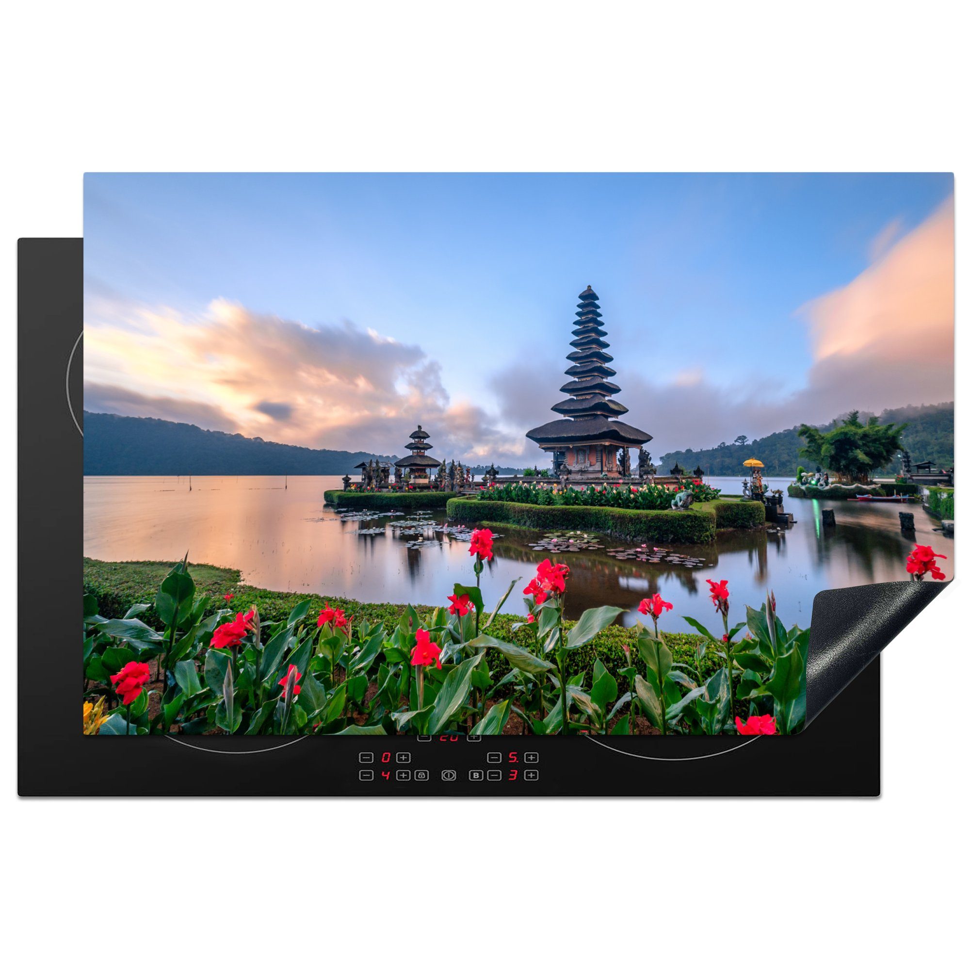MuchoWow Herdblende-/Abdeckplatte Blumen für den Pura Ulun Danu Bratan-Tempel auf Bali, Vinyl, (1 tlg), 81x52 cm, Induktionskochfeld Schutz für die küche, Ceranfeldabdeckung