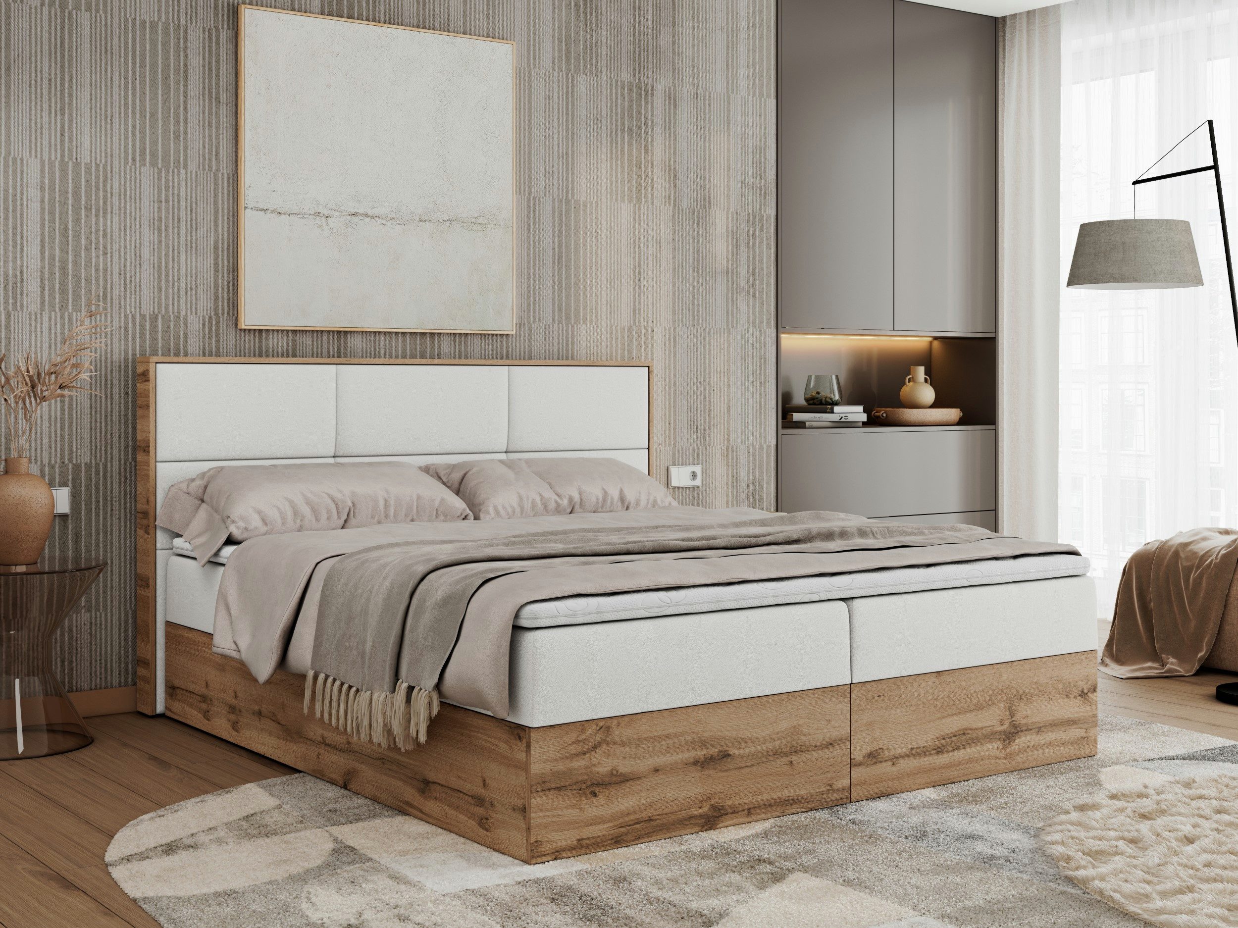 MKS MÖBEL Boxspringbett ALBERO 2 (Packung, Set, Polsterbett, T30-Schaum, Topper T25/Visco, Zwei Bettkästen), Doppelbett, mit Möbelplatten, Multipocket-Matratze, mit Kopfstütze