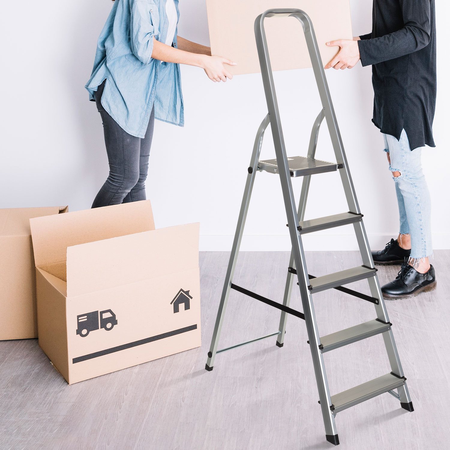 hjh OFFICE Trittleiter Klappleiter SOLID III Aluminium (1 St, 1-St), Leiter mit 5 Stufen, mit Sicherheitsbügel