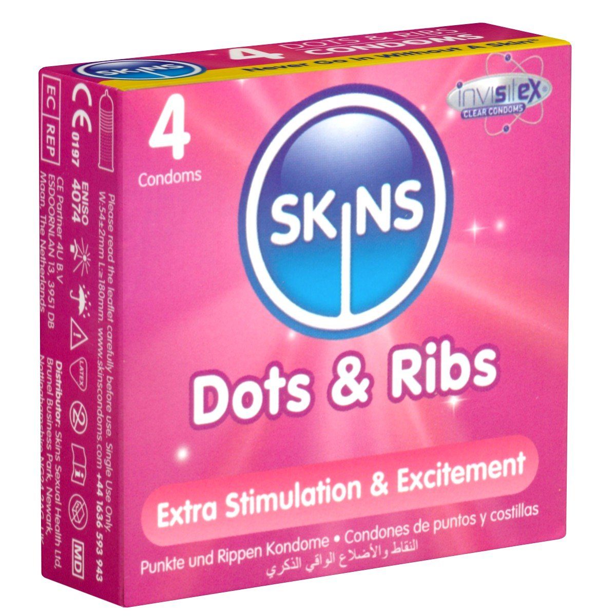 SKINS Condoms Презервативы Dots & Ribs, samtweiche Oberfläche, fühlt sich an wie "echt", Packung mit, 4 St., gerippt/genoppte Презервативы, durchsichtiges Latex (kristallklar), kein Latexgeruch