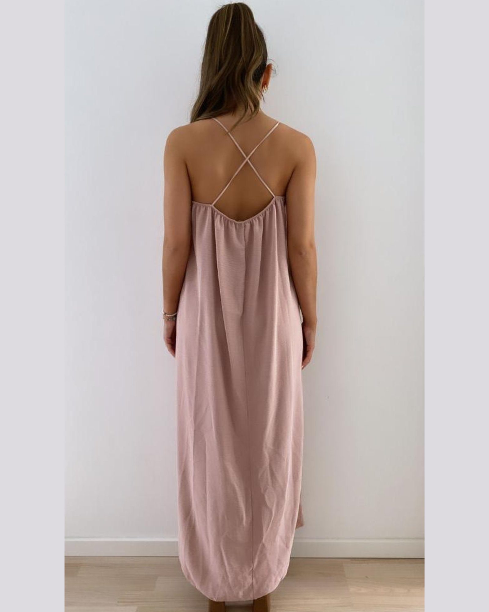 ITALY VIBES Kleid Gr. mit MONA - SIZE - - Midikleid ONE - langes XL XS passt Schlitz elegantes rosa hier Sommerkleid